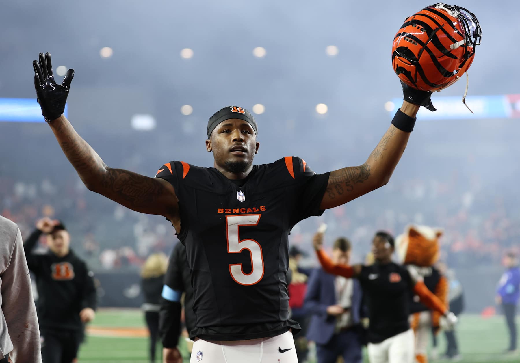 CINCINNATI, OHIO - DECEMBER 28: Tee Higgins #5 of the Cincinnati Bengals reacts after a 30-24 overtime victory against the Denver Broncos at Paycor Stadium on December 28, 2024 in Cincinnati, Ohio. (Photo by Andy Lyons/Getty Images)