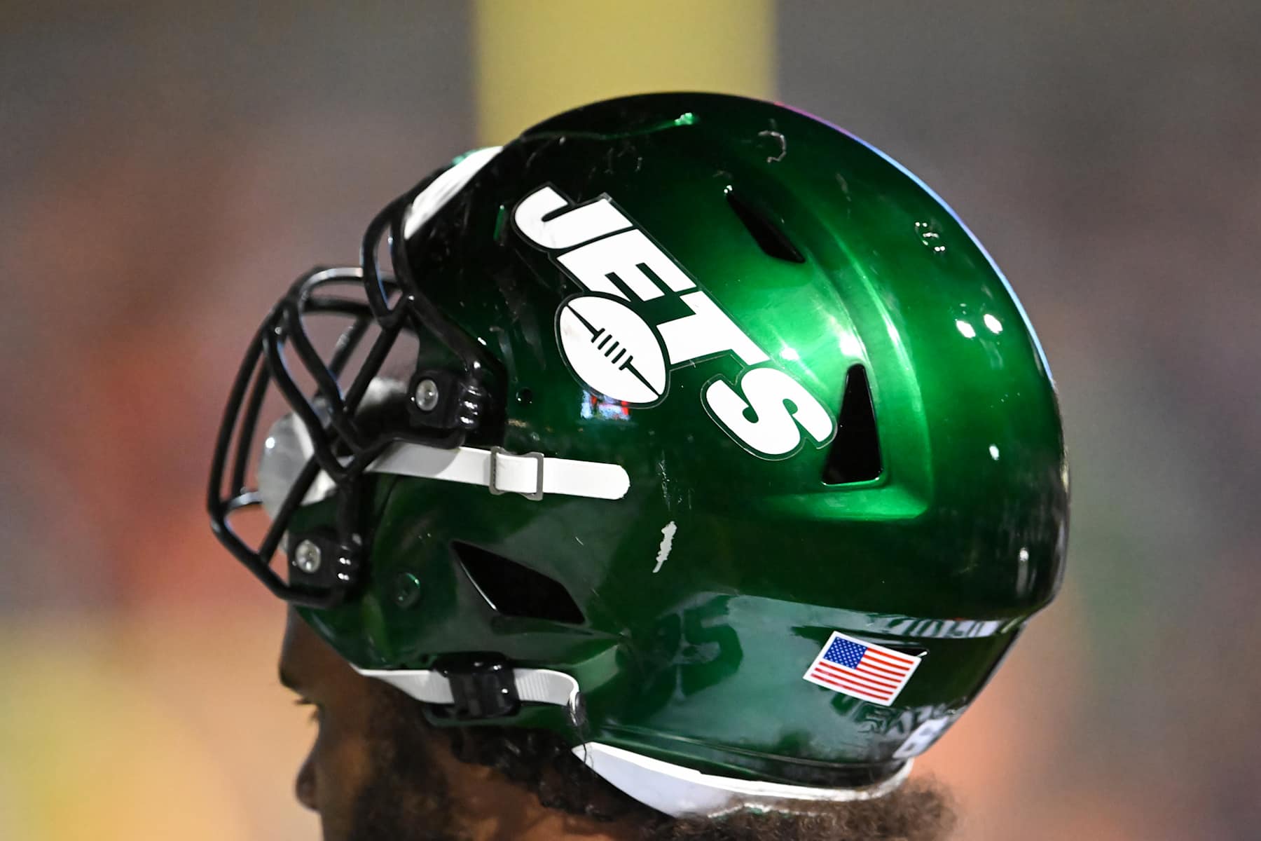 CANTON, OHIO - AUGUST 03: A closeup view of the New York Jets logo on a helmet during a delay in the second half of the 2023 Pro Hall of Fame Game against the Cleveland Browns at Tom Benson Hall Of Fame Stadium on August 03, 2023 in Canton, Ohio. (Photo by Nick Cammett/Diamond Images via Getty Images)