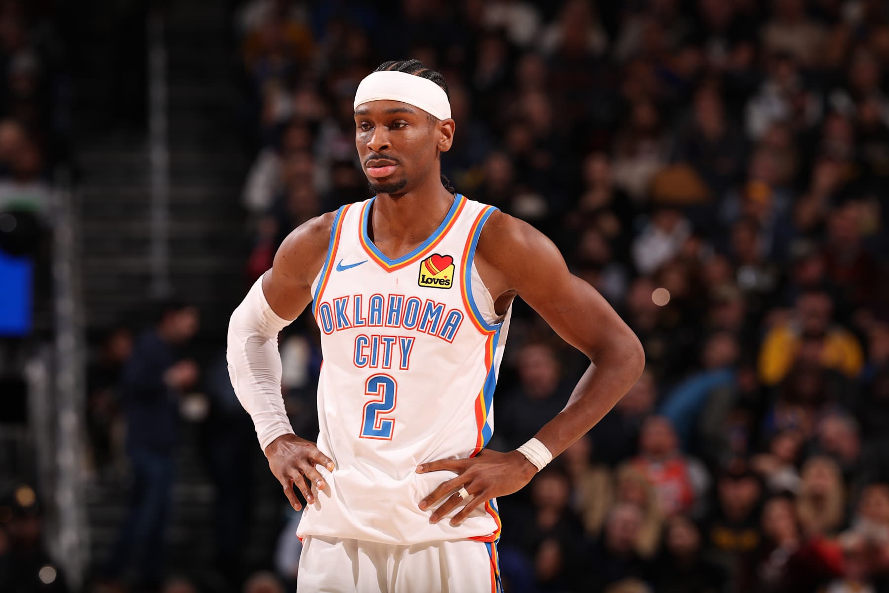 SAN FRANCISCO, CA - JANUARY 29: Shai Gilgeous-Alexander #2 of the Oklahoma City Thunder looks on during the game against the Golden State Warriors on January 29, 2025 at Chase Center in San Francisco, California. NOTE TO USER: User expressly acknowledges and agrees that, by downloading and or using this photograph, user is consenting to the terms and conditions of Getty Images License Agreement. Mandatory Copyright Notice: Copyright 2025 NBAE (Photo by Jed Jacobsohn/NBAE via Getty Images)
