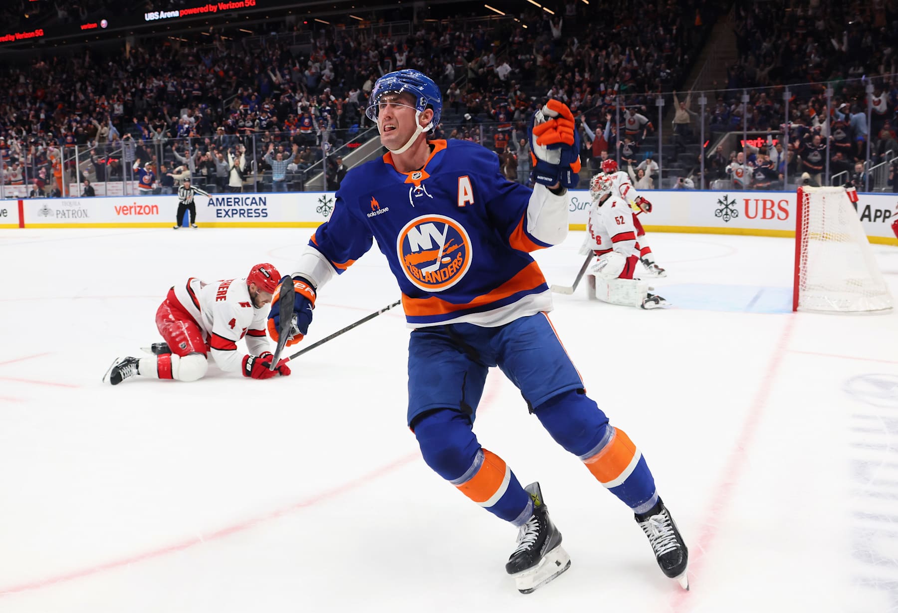 ELMONT, NEW YORK - JANUARY 25: Brock Nelson #29 of the New York Islanders scores the game-winning goal in overtime against the Carolina Hurricanes at UBS Arena on January 25, 2025 in Elmont, New York. The Islanders defeated the Hurricanes 3-2 in overtime. (Photo by Bruce Bennett/Getty Images)