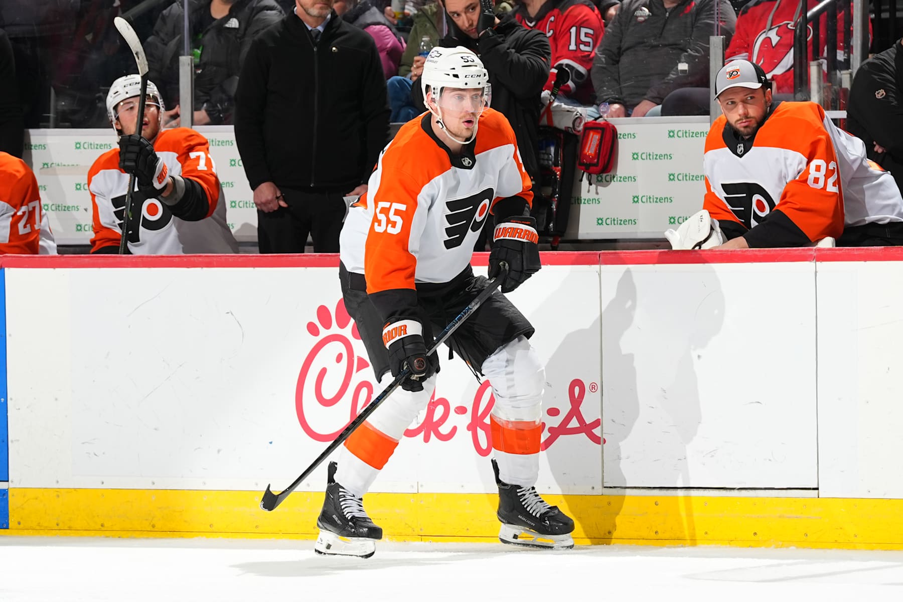 NEWARK, NJ - JANUARY 29: Rasmus Ristolainen #55 of the Philadelphia Flyers skates in the second period of the game against the New Jersey Devils at Prudential Center on January 29, 2025 in Newark, New Jersey. (Photo by Rich Graessle/NHLI via Getty Images)