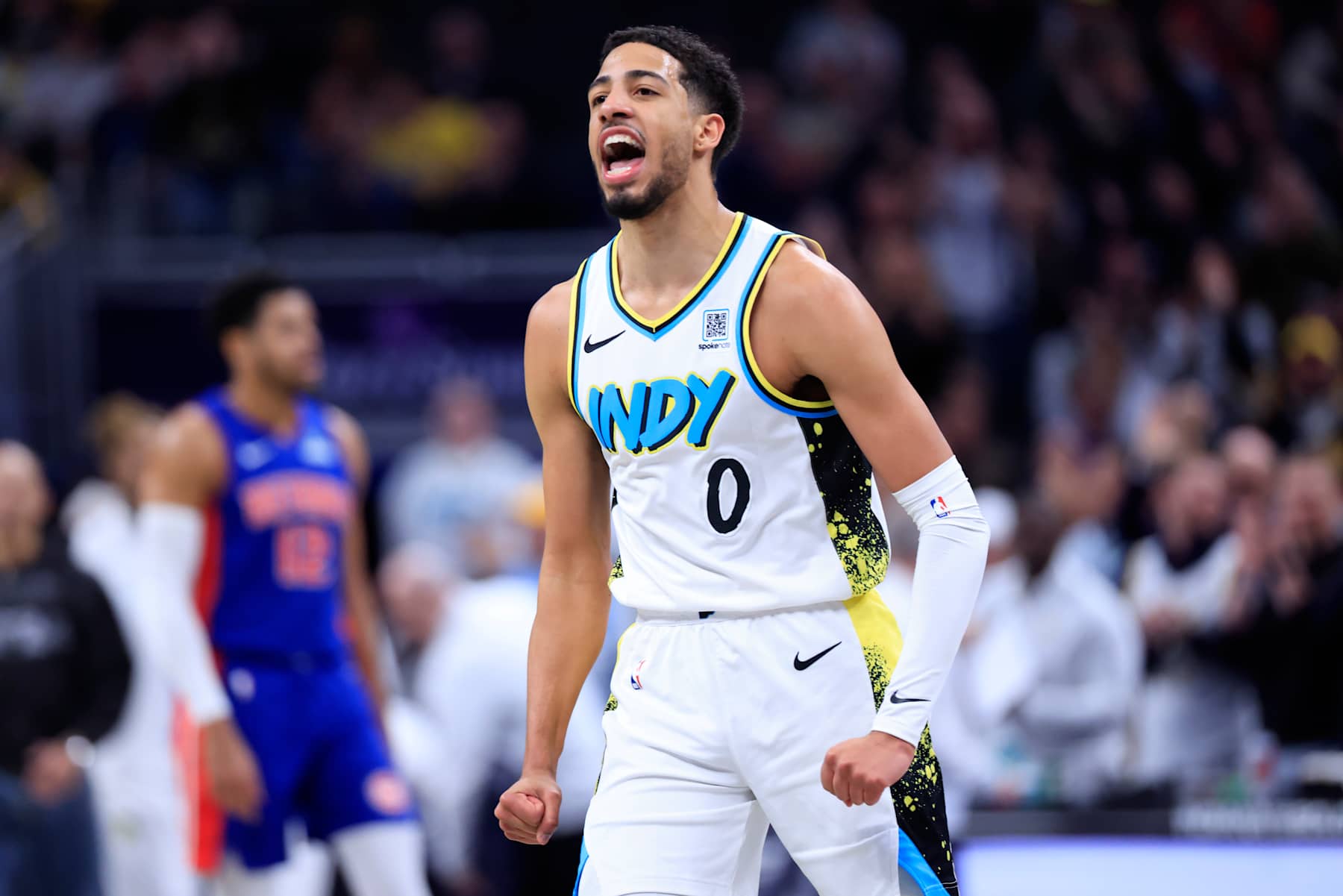 INDIANAPOLIS, INDIANA - JANUARY 29: Tyrese Haliburton #0 of the Indiana Pacers reacts against the Detroit Pistons during the first half at Gainbridge Fieldhouse on January 29, 2025 in Indianapolis, Indiana. NOTE TO USER: User expressly acknowledges and agrees that, by downloading and or using this photograph, User is consenting to the terms and conditions of the Getty Images License Agreement. (Photo by Justin Casterline/Getty Images)