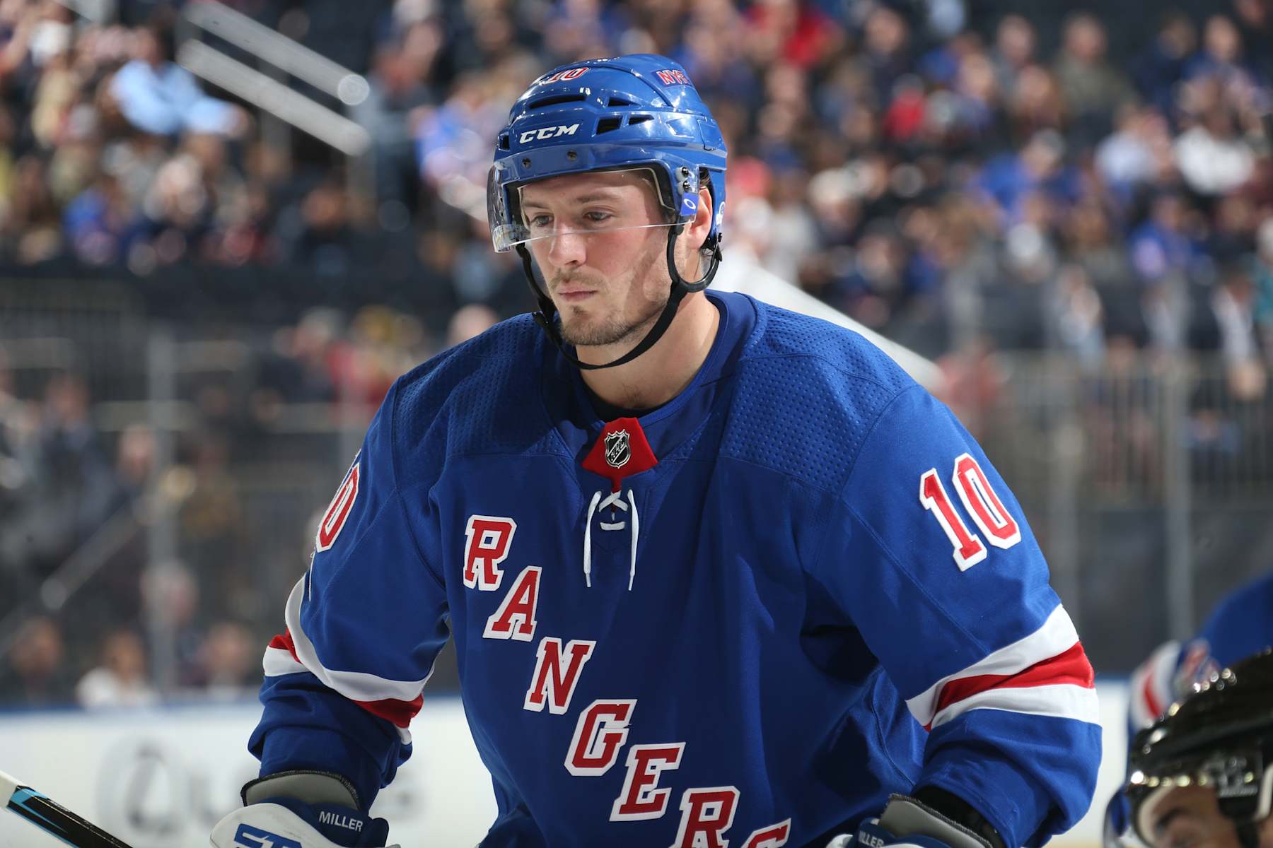 NEW YORK, NY - OCTOBER 23: J.T. Miller #10 of the New York Rangers looks on against the San Jose Sharks at Madison Square Garden on October 23, 2017 in New York City. The San Jose Sharks won 4-1. (Photo by Jared Silber/NHLI via Getty Images)