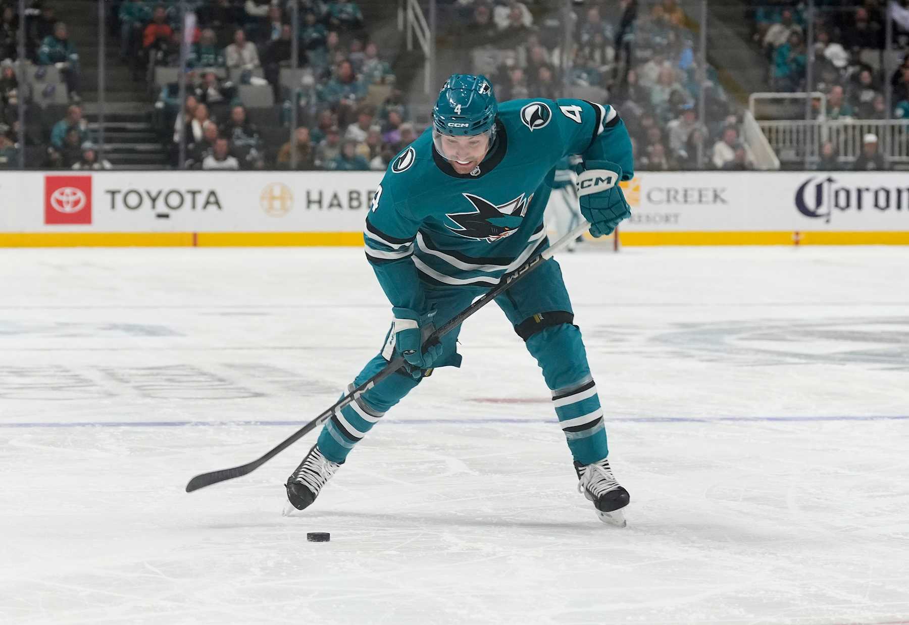 SAN JOSE, CALIFORNIA - DECEMBER 31: Cody Ceci #4 of the San Jose Sharks shoots on goal against the Philadelphia Flyers during the second period of an NHL hockey game at SAP Center on December 31, 2024 in San Jose, California. (Photo by Thearon W. Henderson/Getty Images)