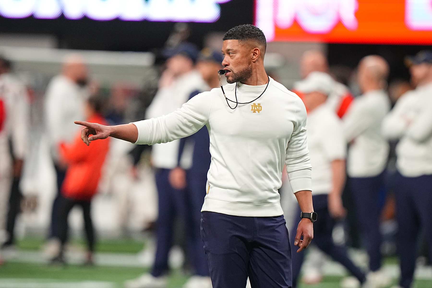 College Football: CFP National Championship: Notre Dame head coach Marcus Freeman in action, instructs players prior to game vs Ohio State at Mercedes-Benz Stadium.
Atlanta, GA 1/20/2025
CREDIT: Erick W. Rasco (Photo by Erick W. Rasco/Sports Illustrated via Getty Images)
(Set Number: X164668 TK1)