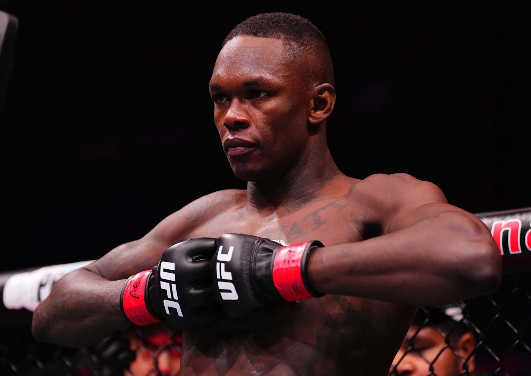 RIYADH, SAUDI ARABIA - FEBRUARY 01: Israel Adesanya of Nigeria prepares to face Nassourdine Imavov of Russia in a middleweight fight during the UFC Fight Night event at anb Arena on February 01, 2025 in Riyadh, Saudi Arabia. (Photo by Chris Unger/Zuffa LLC)