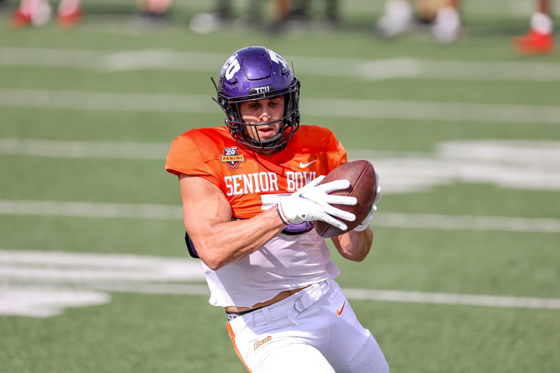 MOBILE, ALABAMA - JANUARY 29: Jack Bech #7 of TCU during Senior Bowl practice at Hancock Whitney Stadium on January 29, 2025 in Mobile, Alabama. (Photo by Derick E. Hingle/Getty Images)
