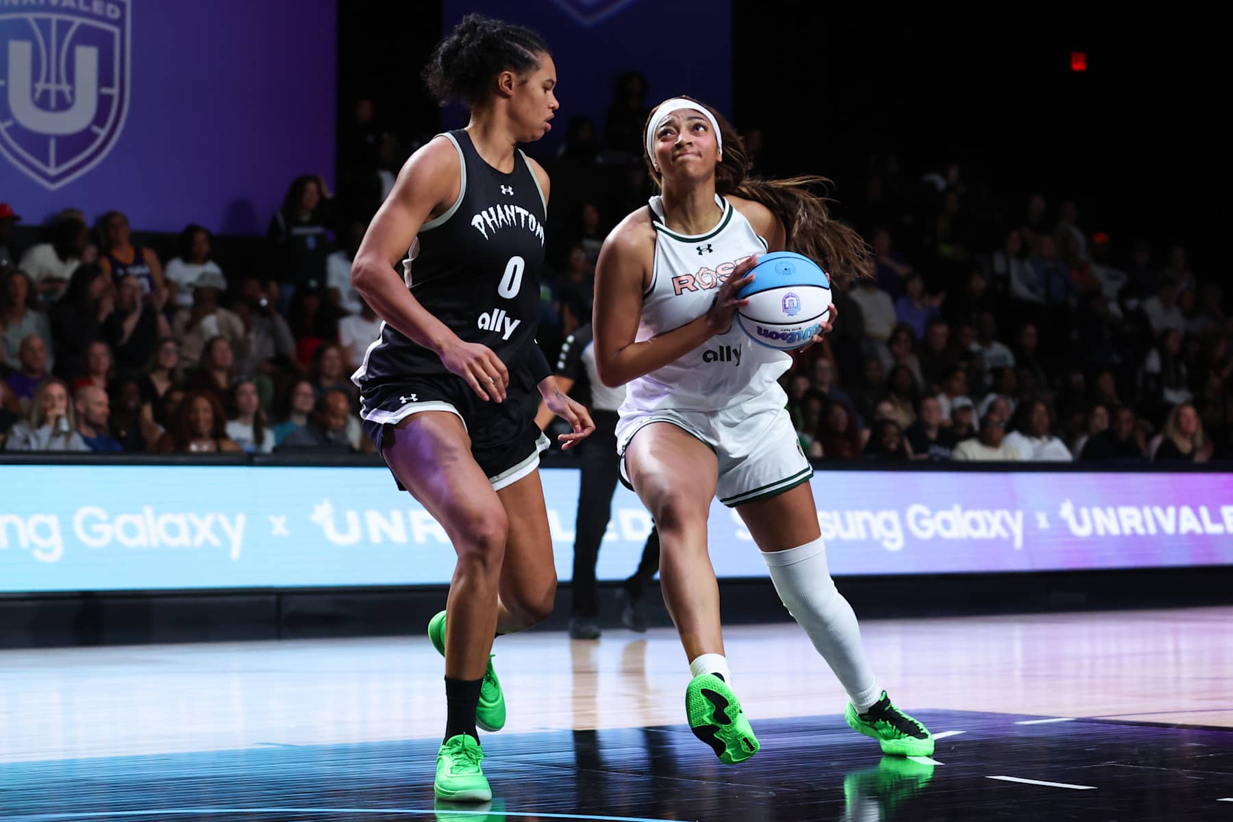 MEDLEY, FLORIDA - JANUARY 31: Angel Reese #5 of Rose drives to the basket against the Phantom at Wayfair Arena on January 31, 2025 in Medley, Florida. (Photo by Megan Briggs/Getty Images)