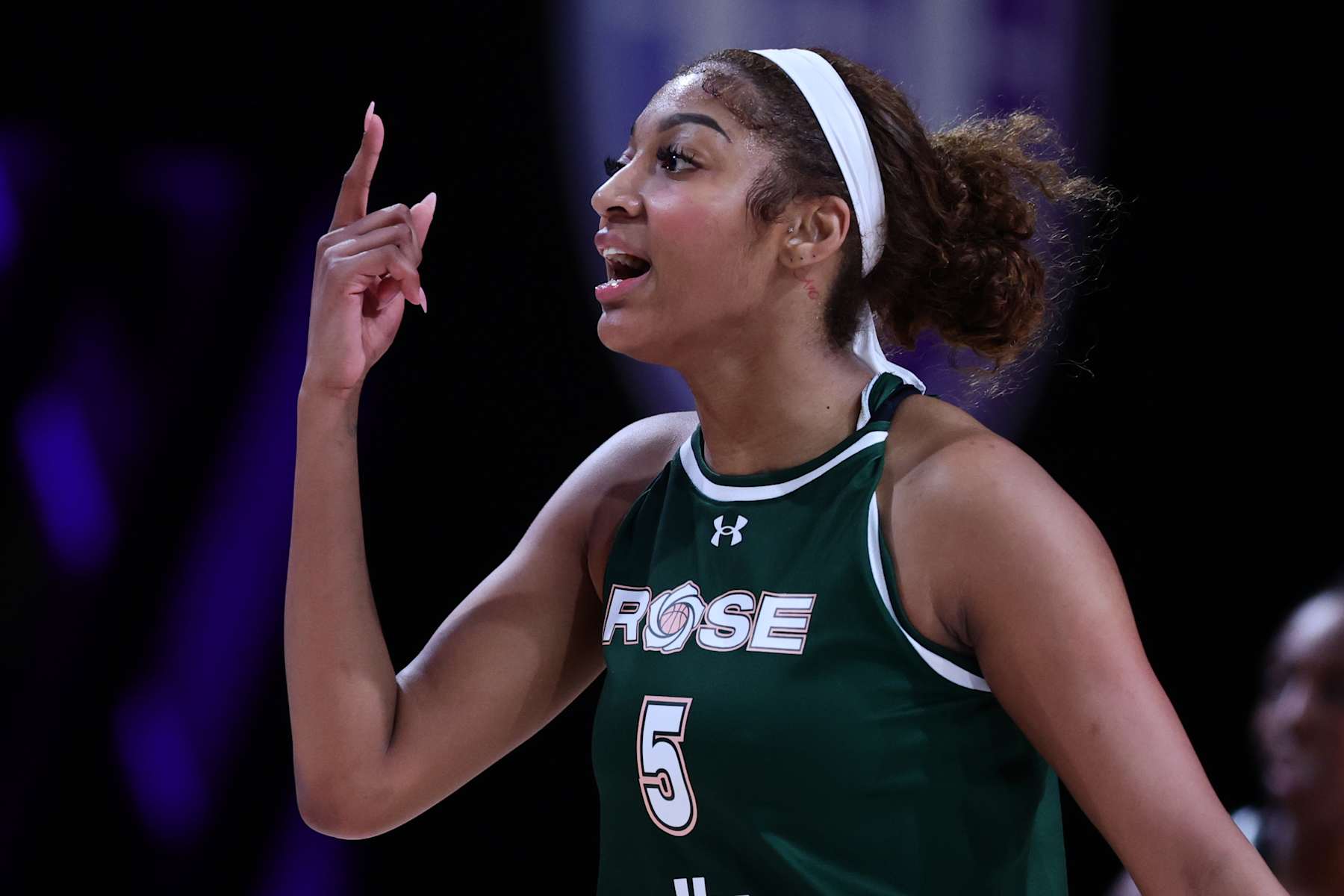 MEDLEY, FLORIDA - JANUARY 17: Angel Reese #5 of Rose reacts against the Vinyl during the second half at The Mediapro Studio on January 17, 2025 in Medley, Florida. (Photo by Carmen Mandato/Getty Images)