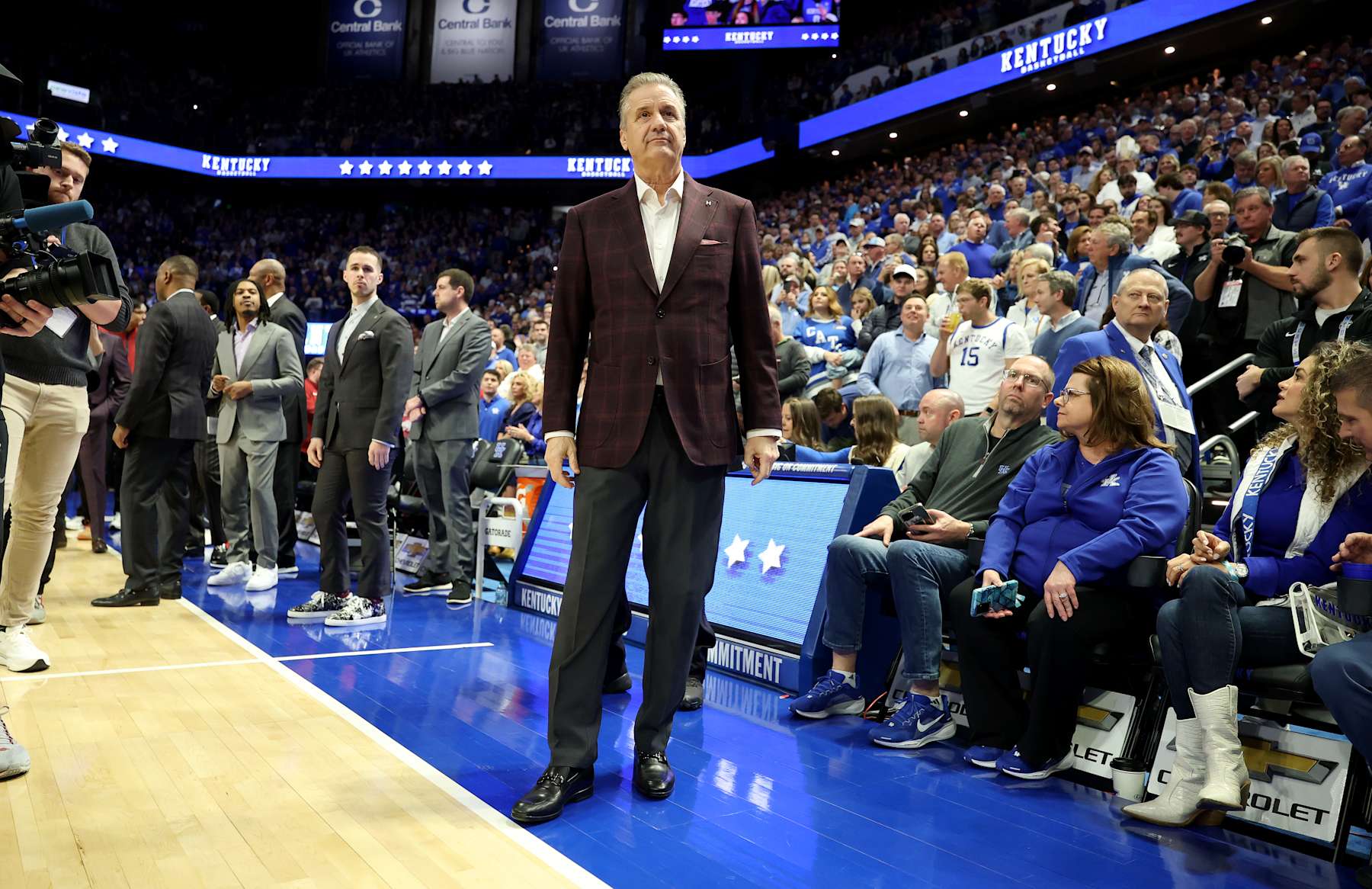 LEXINGTON, KENTUCKY - FEBRUARY 01: John Calipari the head coach of the Arkansa Razorbacks stands on the sideline before the start of the game against the Kentucky Wildcats at Rupp Arena on February 01, 2025 in Lexington, Kentucky.  It is the first game back in Rupp Arena after leaving Kentucky for Arkansa after last season. 
 (Photo by Andy Lyons/Getty Images)