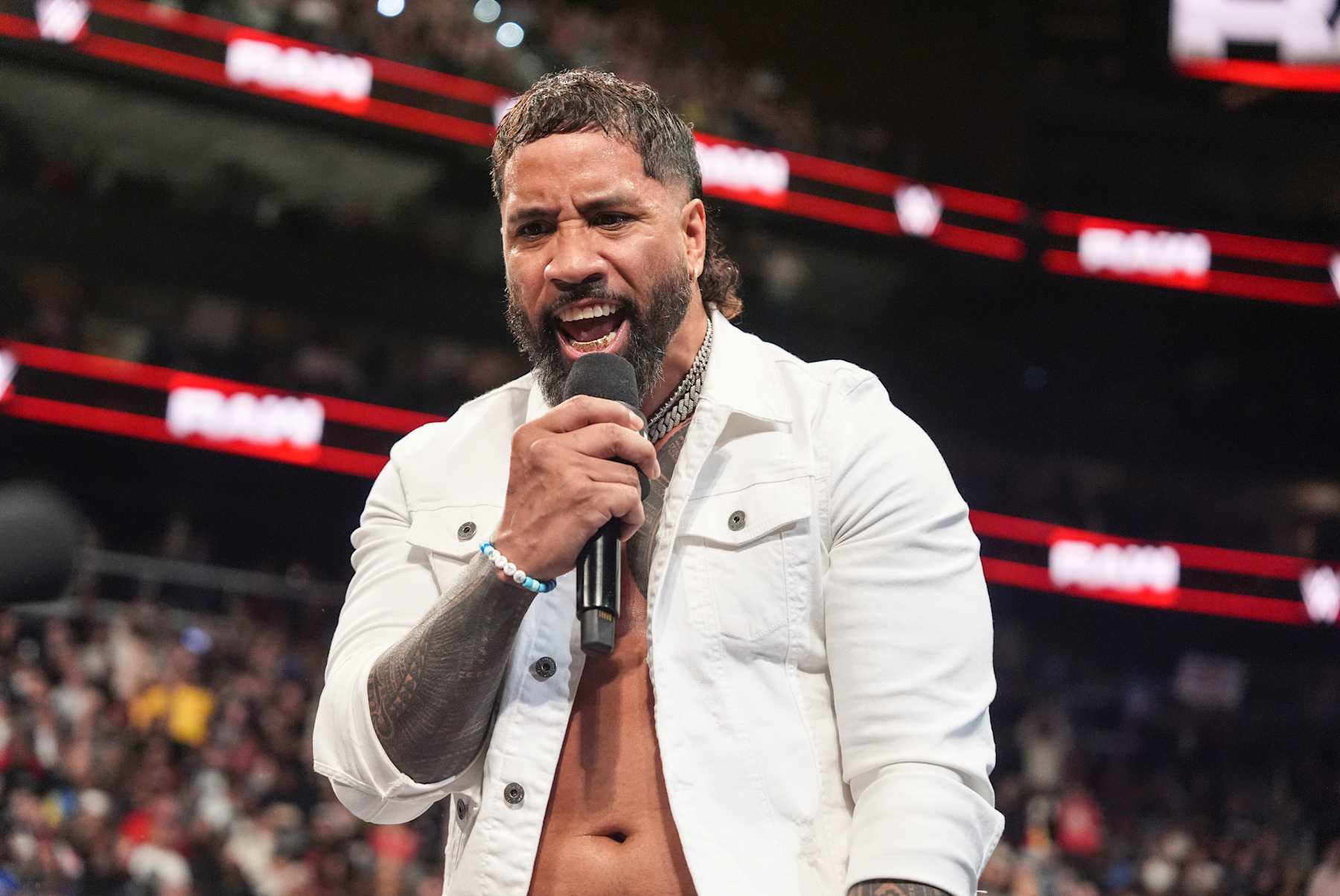 ATLANTA, GEORGIA - JANUARY 27: Jey Uso speaks during WWE Monday Night RAW at State Farm Arena on January 27, 2025 in Atlanta, Georgia. (Photo by WWE/Getty Images)