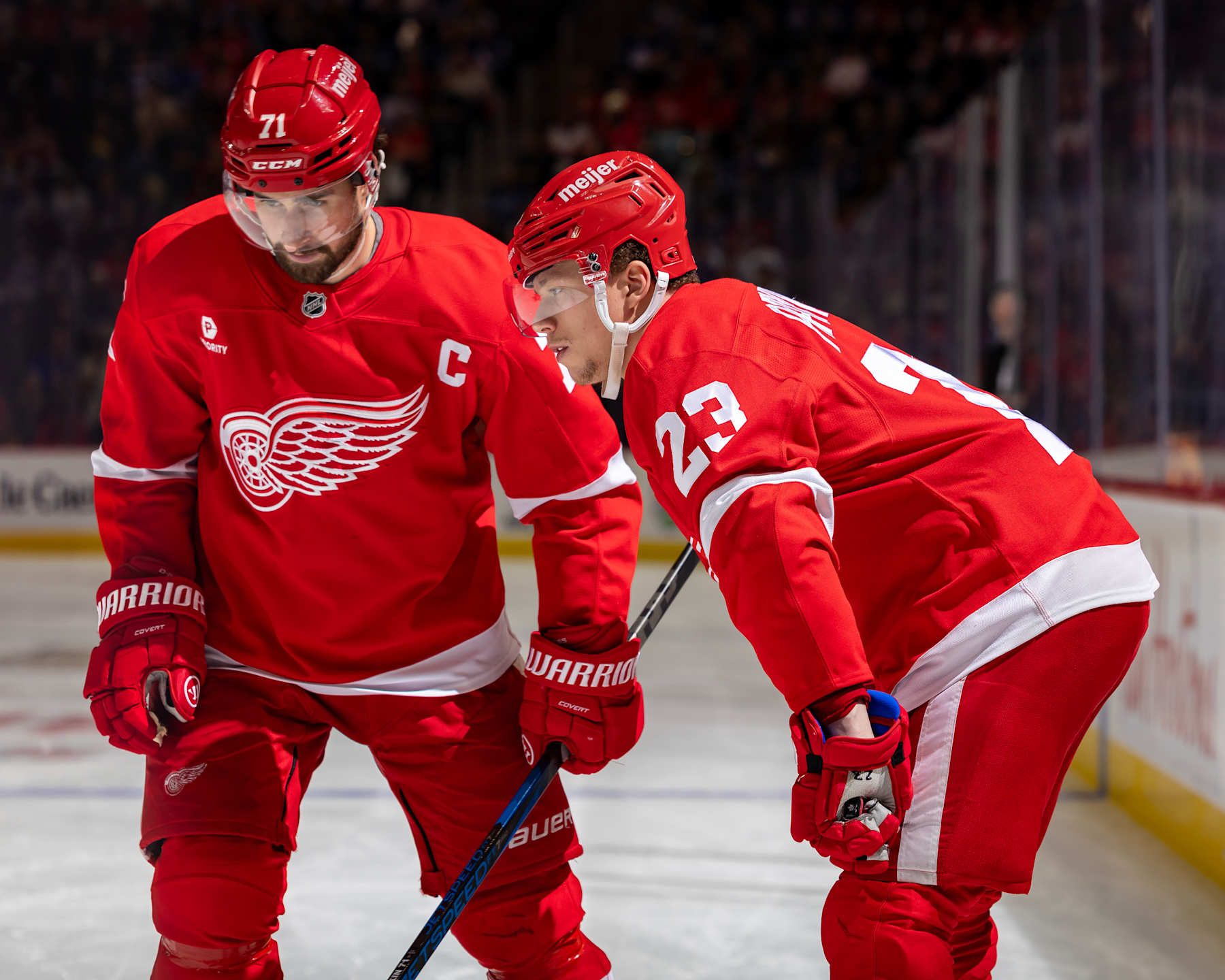 DETROIT, MICHIGAN - DECEMBER 27: Dylan Larkin #71 of the Detroit Red Wings talks to Lucas Raymond #23 before the face off against the Toronto Maple Leafs during the third period at Little Caesars Arena on December 27, 2024 in Detroit, Michigan. Toronto defeated Detroit 5-2. (Photo by Dave Reginek/NHLI via Getty Images)