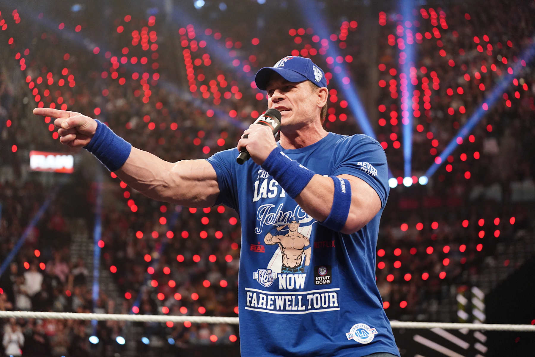 INGLEWOOD, CALIFORNIA - JANUARY 06: John Cena addresses the crowd during Monday Night RAW at Intuit Dome on January 6, 2025 in Inglewood, California. (Photo by WWE/Getty Images)