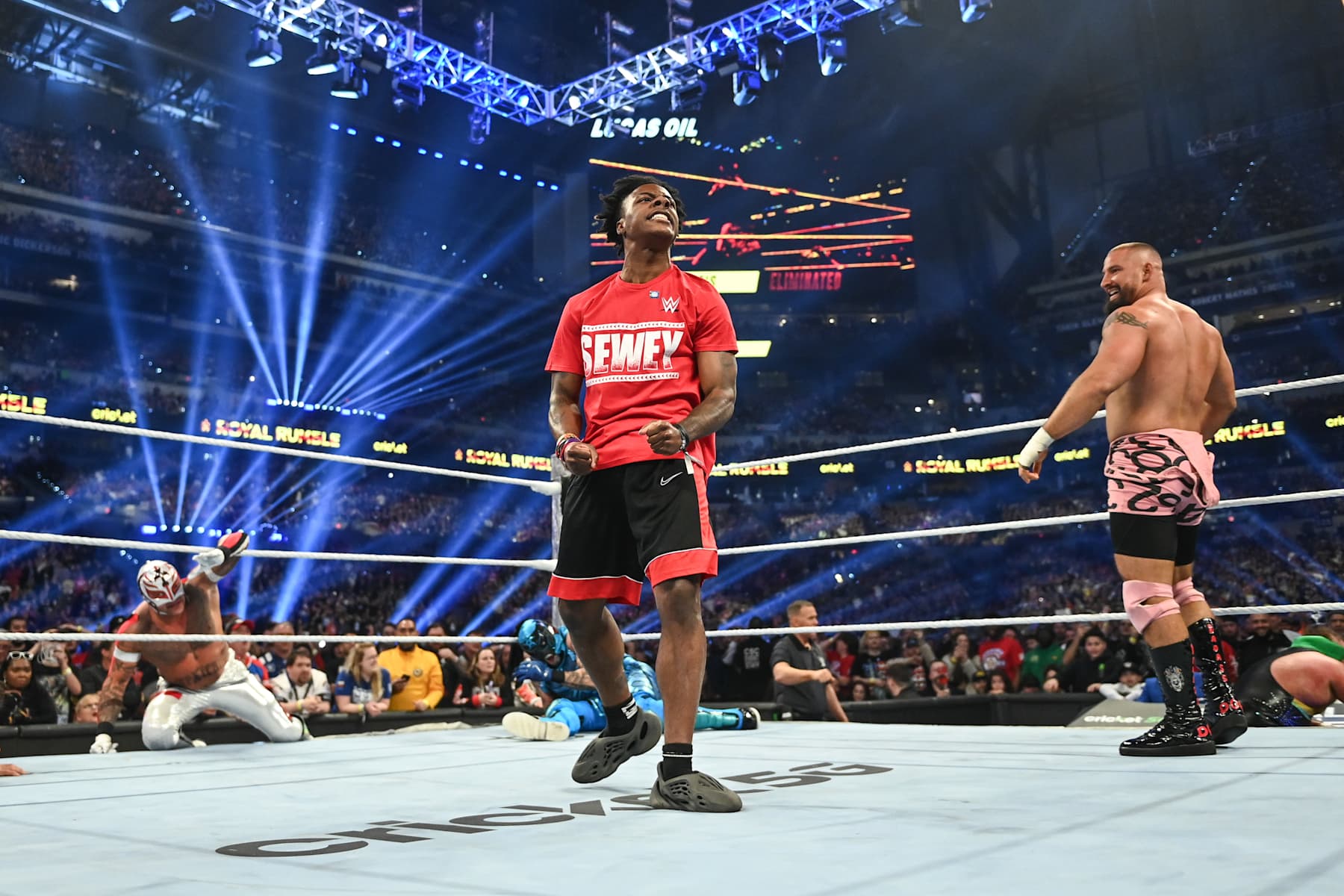 INDIANAPOLIS, INDIANA - FEBRUARY 1: IShowSpeed looks on during Royal Rumble at Lucas Oil Stadium on February 1, 2025 in Indianapolis, Indiana. (Photo by Andrew Timms/WWE via Getty Images)