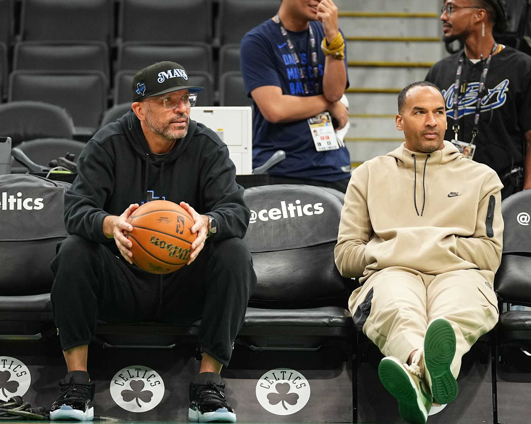 BOSTON, MA - JUNE 16:  Head Coach Jason Kidd of the Dallas Mavericks and Nico Harrison of the Dallas Mavericks look on during 2024 NBA Finals Practice and Media Availability on June 16, 2024 at the TD Garden in Boston, Massachusetts. NOTE TO USER: User expressly acknowledges and agrees that, by downloading and or using this photograph, User is consenting to the terms and conditions of the Getty Images License Agreement. Mandatory Copyright Notice: Copyright 2024 NBAE (Photo by Garrett Ellwood/NBAE via Getty Images)