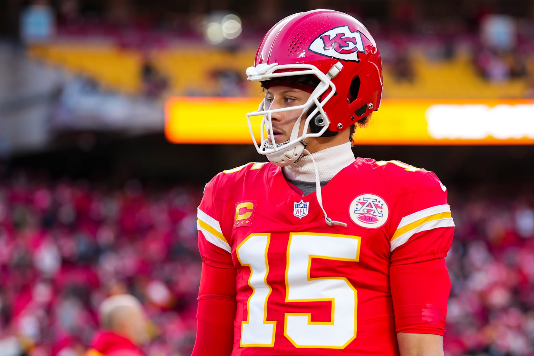 KANSAS CITY, MISSOURI - JANUARY 26: Quarterback Patrick Mahomes #15 of the Kansas City Chiefs stands on the field prior to the AFC Championship game against the Buffalo Bills, at GEHA Field at Arrowhead Stadium on January 26, 2025 in Kansas City, Missouri. (Photo by Todd Rosenberg/Getty Images)