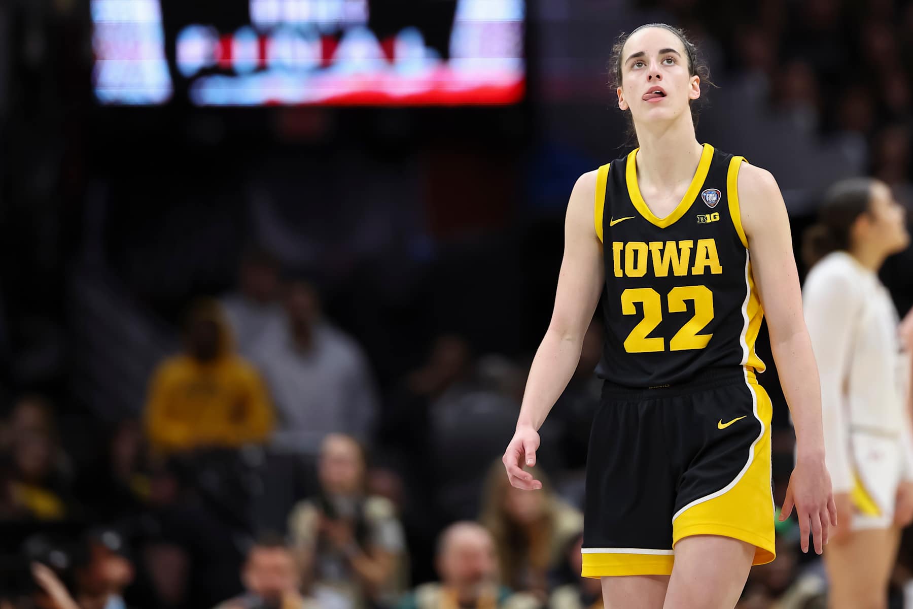 CLEVELAND, OHIO - APRIL 07: Caitlin Clark #22 of the Iowa Hawkeyes looks on against the South Carolina Gamecocks during the NCAA Women's Basketball Tournament National Championship at Rocket Mortgage Fieldhouse on April 7, 2024 in Cleveland, Ohio. (Photo by Justin Tafoya/NCAA Photos via Getty Images)