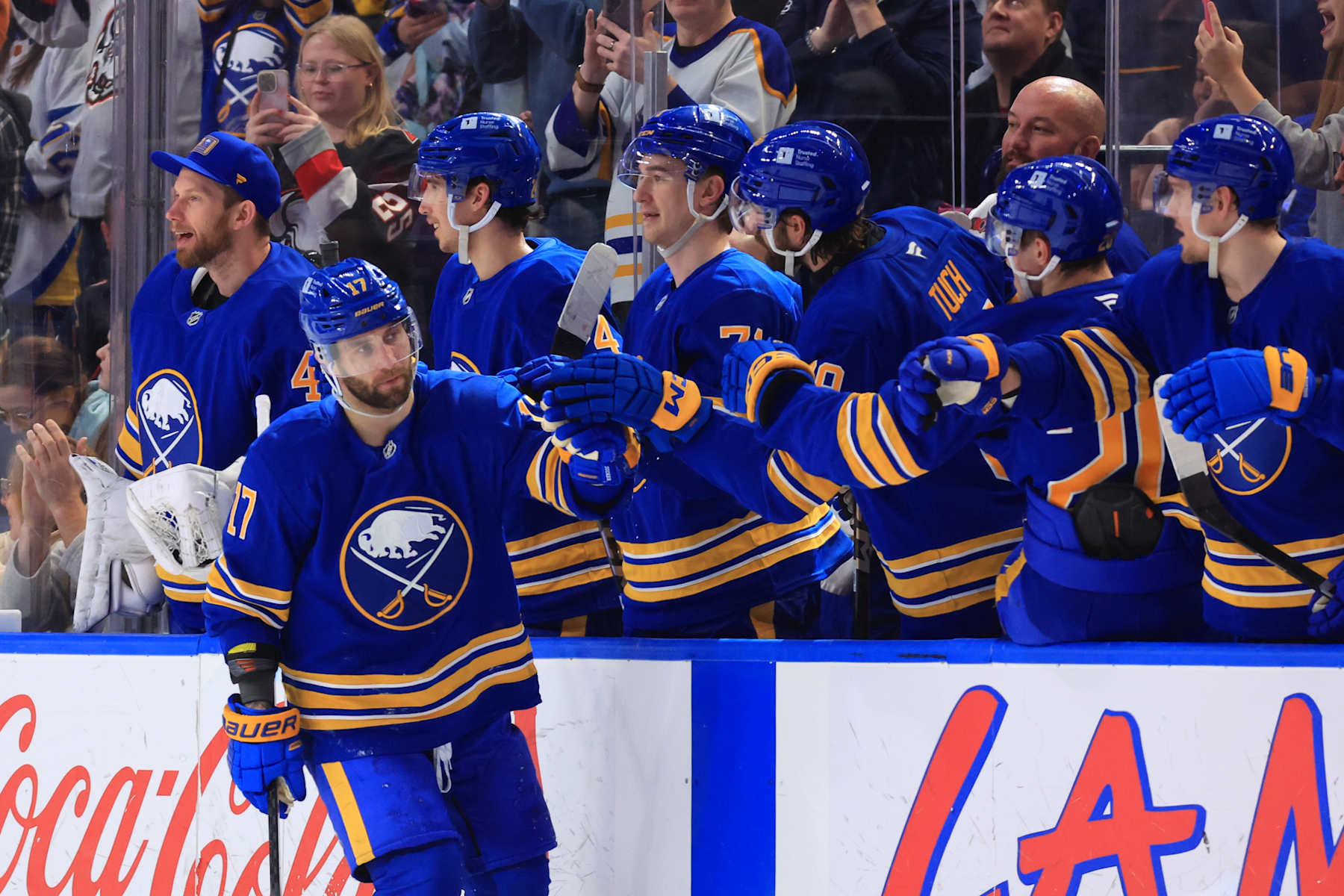 BUFFALO, NEW YORK - FEBRUARY 2: Jason Zucker #17 of the Buffalo Sabres celebrates his second period goal against the New Jersey Devils during an NHL game on February 2, 2025 at KeyBank Center in Buffalo, New York. (Photo by Bill Wippert/NHLI via Getty Images)
