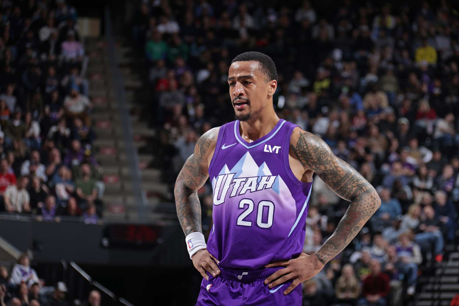SALT LAKE CITY, UT - FEBRUARY 1: John Collins #20 of the Utah Jazz looks on during the game against the Orlando Magic on February 1, 2025 at Delta Center in Salt Lake City, Utah. NOTE TO USER: User expressly acknowledges and agrees that, by downloading and or using this Photograph, User is consenting to the terms and conditions of the Getty Images License Agreement. Mandatory Copyright Notice: Copyright 2025 NBAE (Photo by Melissa Majchrzak/NBAE via Getty Images)