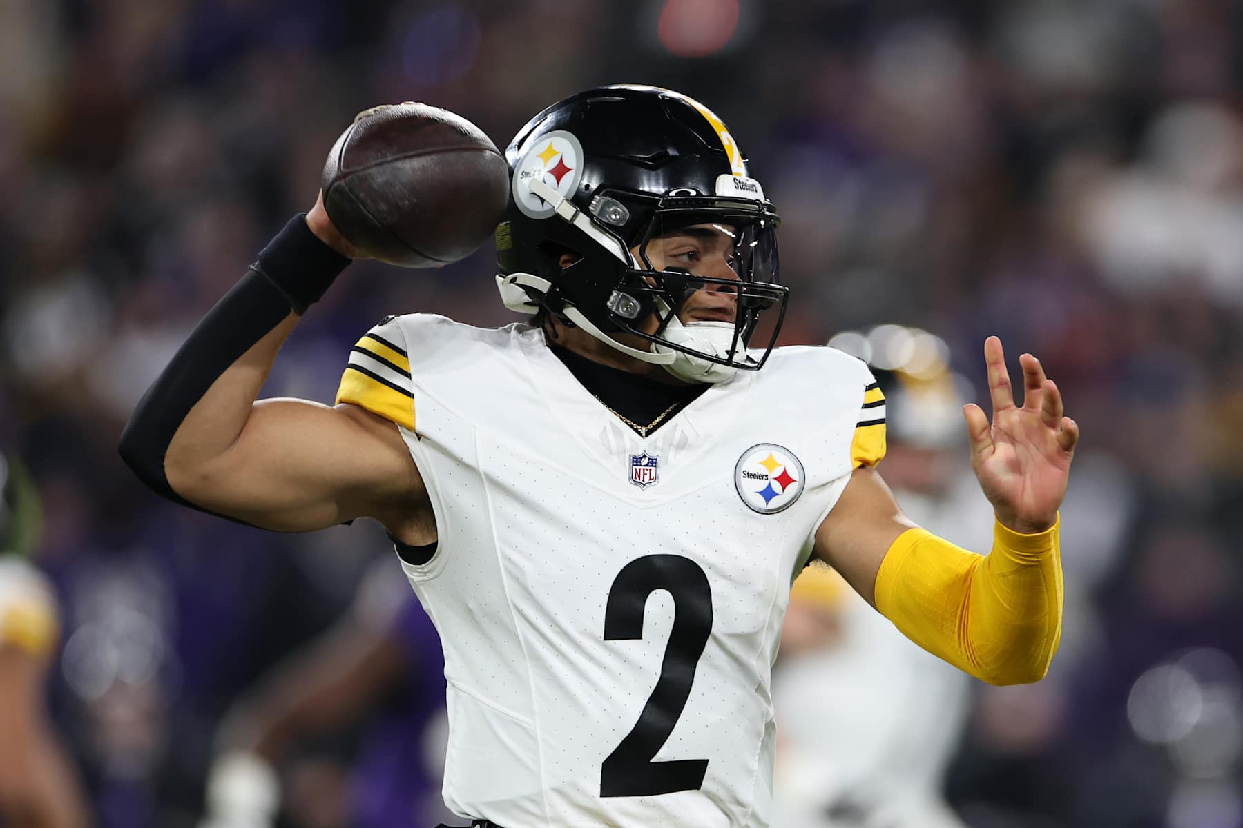 BALTIMORE, MARYLAND - JANUARY 11: Justin Fields #2 of the Pittsburgh Steelers throws a pass during the second quarter against the Baltimore Ravens during the AFC Wild Card Playoff at M&T Bank Stadium on January 11, 2025 in Baltimore, Maryland. (Photo by Scott Taetsch/Getty Images)