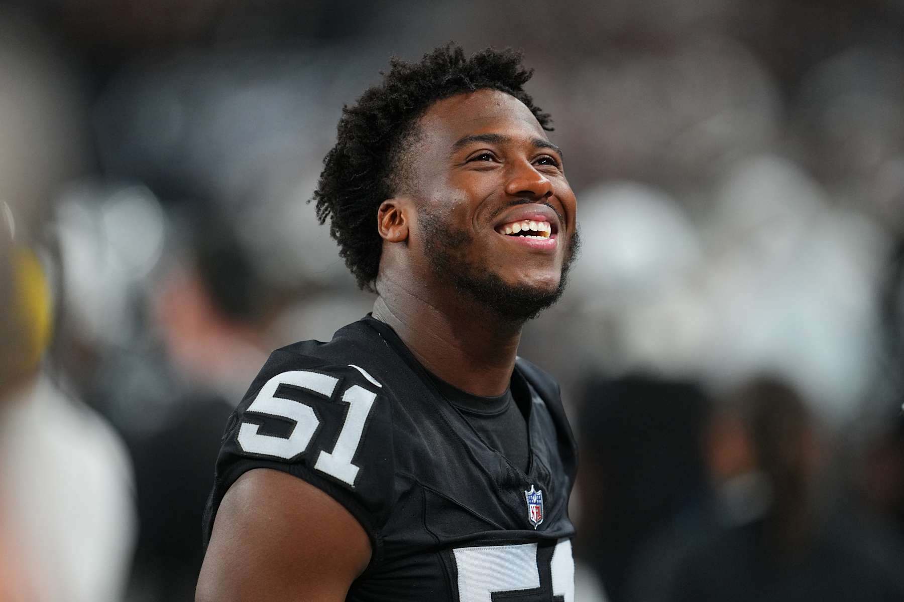 LAS VEGAS, NEVADA - AUGUST 17: Defensive end Malcolm Koonce #51 of the Las Vegas Raiders looks on from the sideline in the second half of a preseason game against the Dallas Cowboys at Allegiant Stadium on August 17, 2024 in Las Vegas, Nevada. (Photo by Chris Unger/Getty Images)