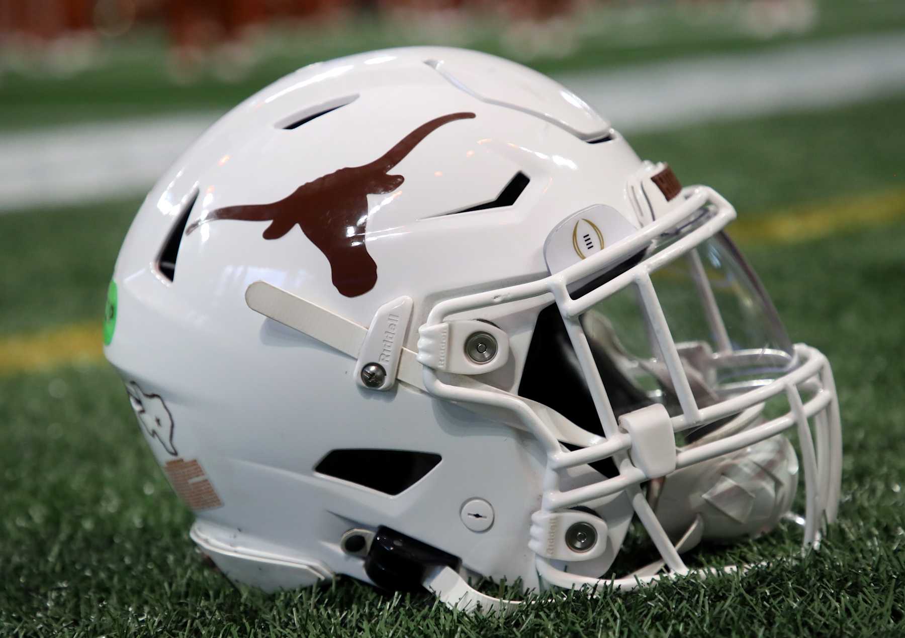 ATLANTA, GEORGIA - JANUARY 1: A Texas Longhorns helmet is seen on the sidelines during the 2025 Peach Bowl College Football Playoff quarterfinals football game featuring the University of Texas Longhorns versus the Arizona State Sun Devils at Mercedes-Benz Stadium on January 1, 2025 in Atlanta, Georgia. (Photo by Bruce Yeung/Getty Images)
