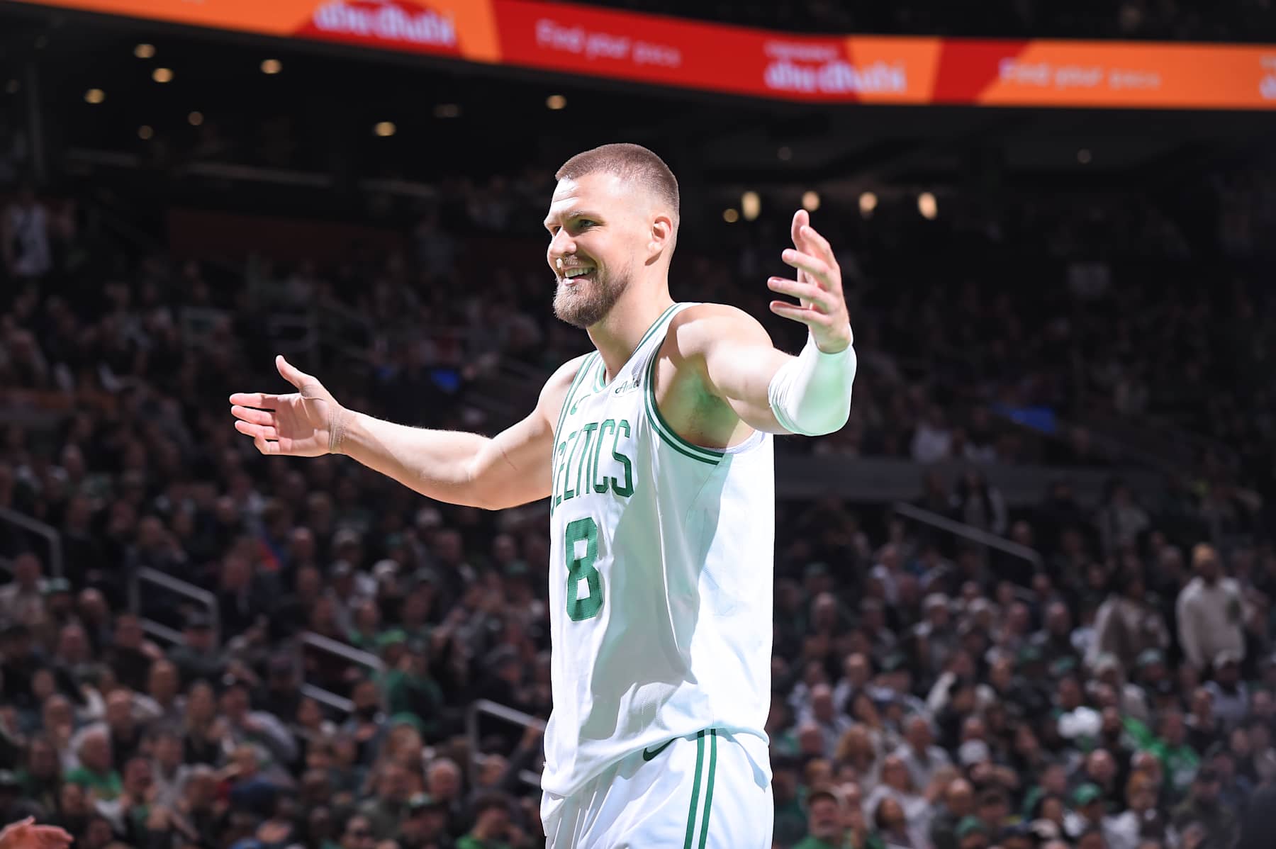 BOSTON, MA - JANUARY 27: Kristaps Porzingis #8 of the Boston Celtics smiles during the game against the Houston Rockets on January 27, 2025 at TD Garden in Boston, Massachusetts. NOTE TO USER: User expressly acknowledges and agrees that, by downloading and/or using this Photograph, user is consenting to the terms and conditions of the Getty Images License Agreement. Mandatory Copyright Notice: Copyright 2025 NBAE (Photo by Brian Babineau/NBAE via Getty Images)