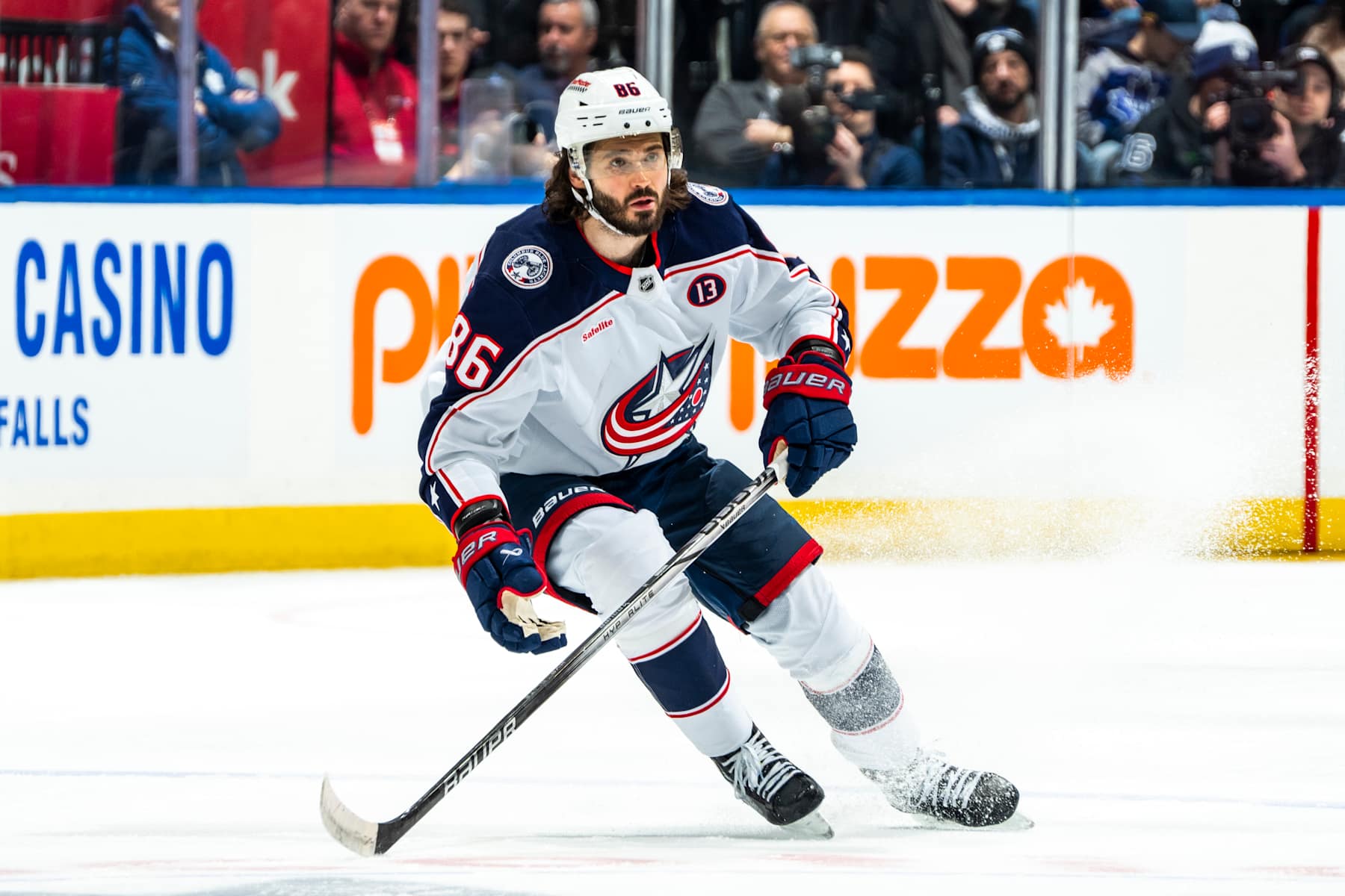 TORONTO, ON - JANUARY 22: Kirill Marchenko #86 of the Columbus Blue Jackets skates against the Toronto Maple Leafs during the second period at the Scotiabank Arena on January 22, 2025 in Toronto, Ontario, Canada. (Photo by Kevin Sousa/NHLI via Getty Images)