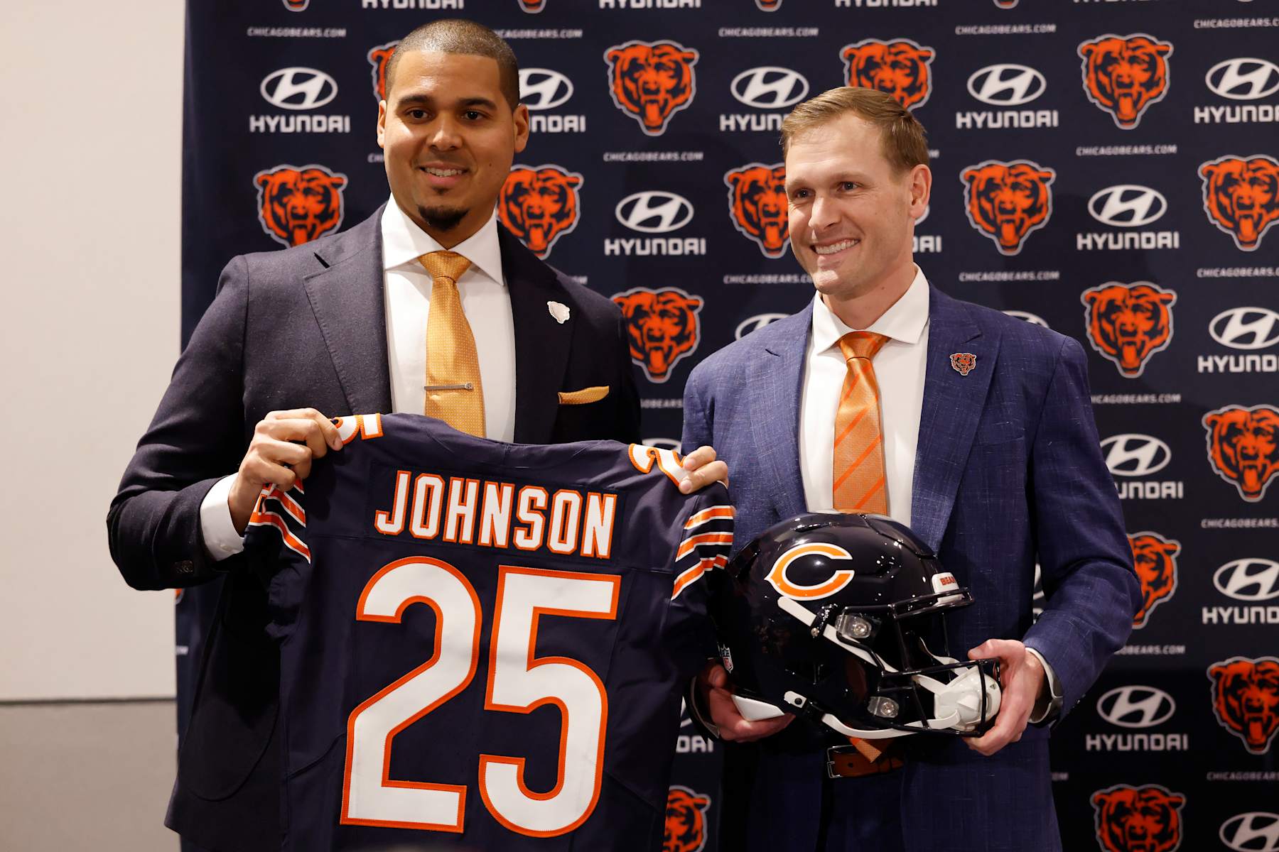 LAKE FOREST, ILLINOIS - JANUARY 22: Newly named head coach Ben Johnson of the Chicago Bears poses with general manager Ryan Poles during a introductory press conference at PNC Center at Halas Hall on January 22, 2025 in Lake Forest, Illinois. (Photo by Michael Reaves/Getty Images)
