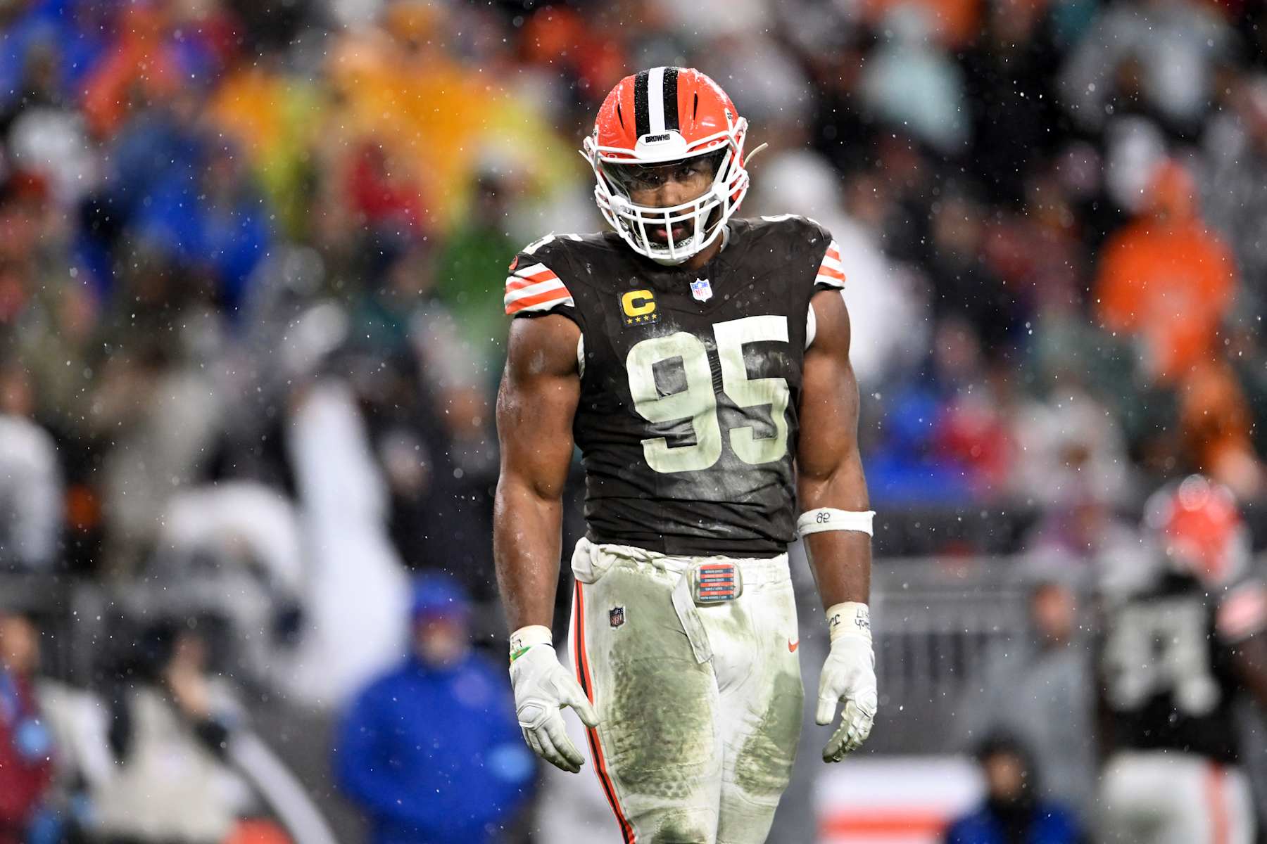 CLEVELAND, OHIO - DECEMBER 29: Myles Garrett #95 of the Cleveland Browns looks on during the fourth quarter against the Miami Dolphins at Huntington Bank Field on December 29, 2024 in Cleveland, Ohio. (Photo by Nick Cammett/Diamond Images via Getty Images)