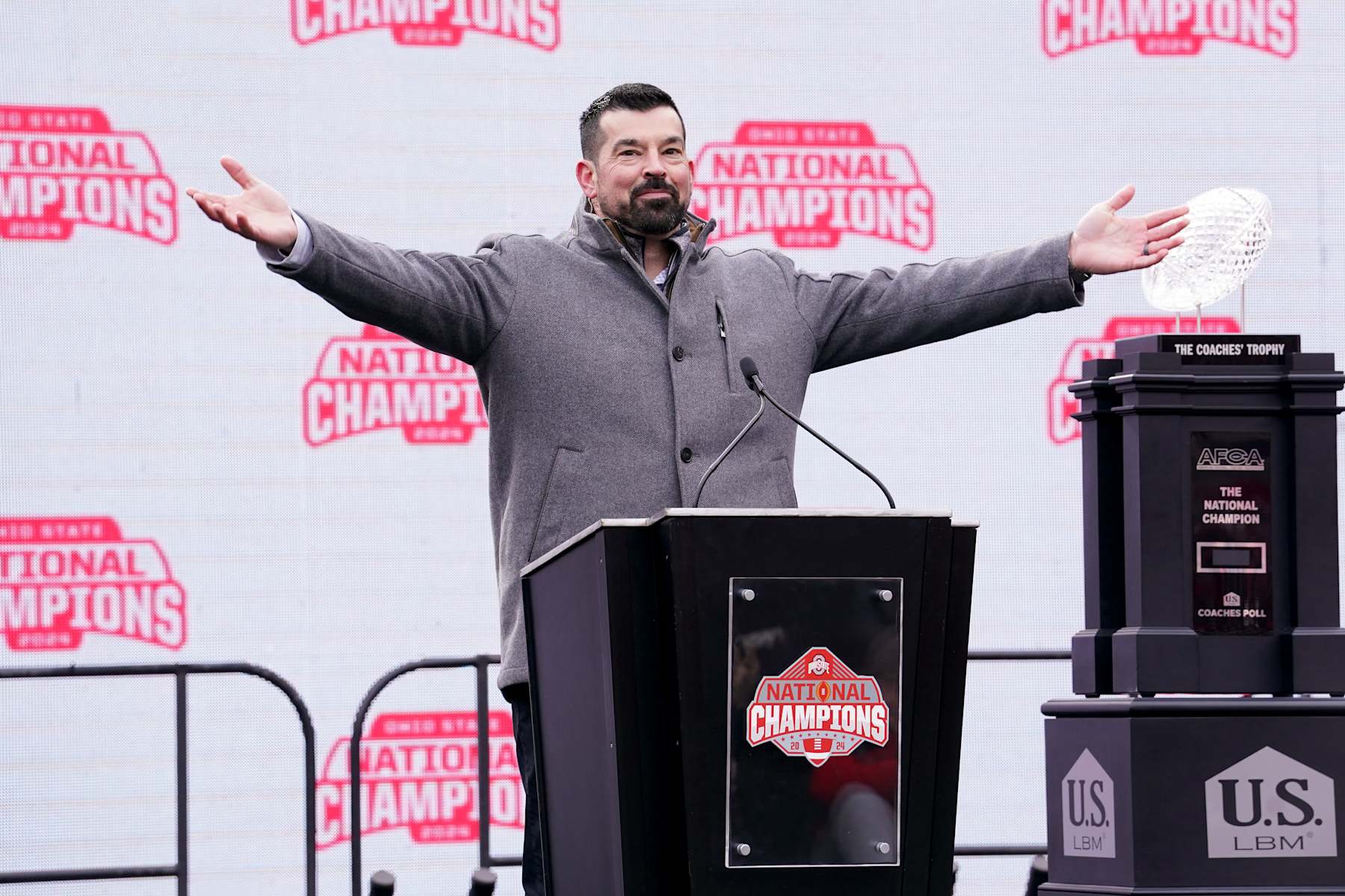 COLUMBUS, OHIO - JANUARY 26: Head coach Ryan Day of the Ohio State Buckeyes delivers remarks during the NCAA Football Championship celebration at Ohio Stadium on January 26, 2025 in Columbus, Ohio. (Photo by Jason Mowry/Getty Images)