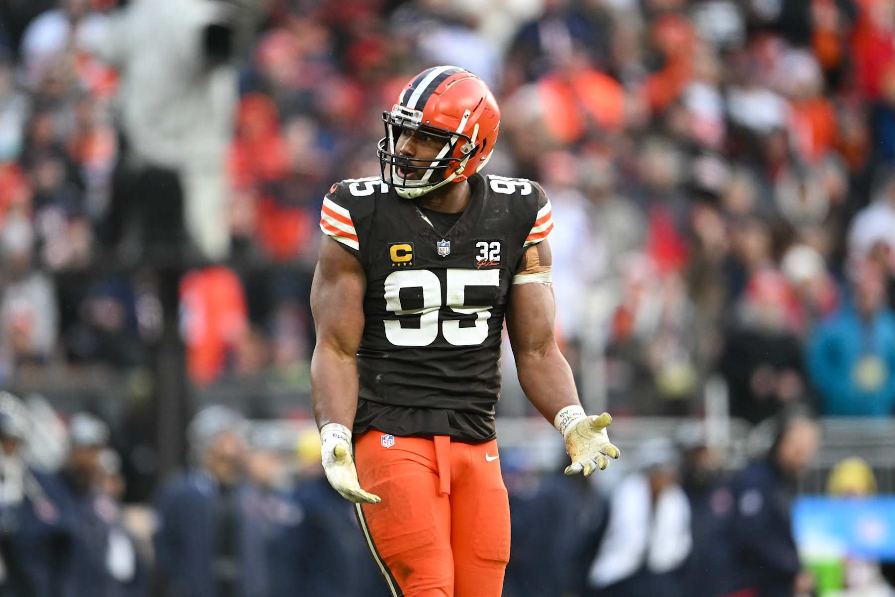 CLEVELAND, OHIO - DECEMBER 17: Myles Garrett #95 of the Cleveland Browns reacts during the fourth quarter of a game against the Chicago Bears at Cleveland Browns Stadium on December 17, 2023 in Cleveland, Ohio. (Photo by Nick Cammett/Getty Images)