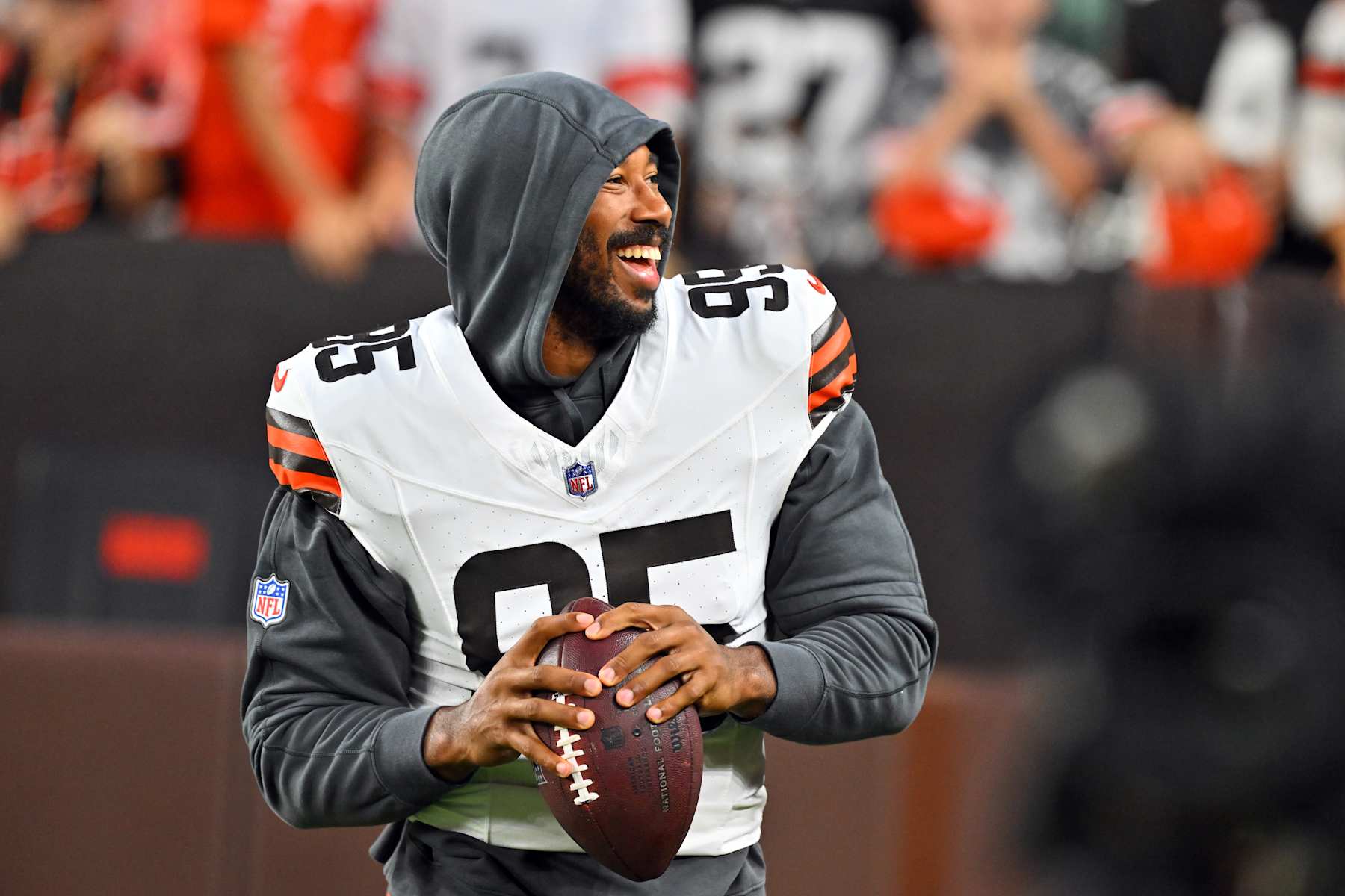 CLEVELAND, OHIO - AUGUST 11: Defensive end Myles Garrett #95 of the Cleveland Browns jokes with fans prior to a preseason game against the Washington Commanders at Cleveland Browns Stadium on August 11, 2023 in Cleveland, Ohio. (Photo by Jason Miller/Getty Images)