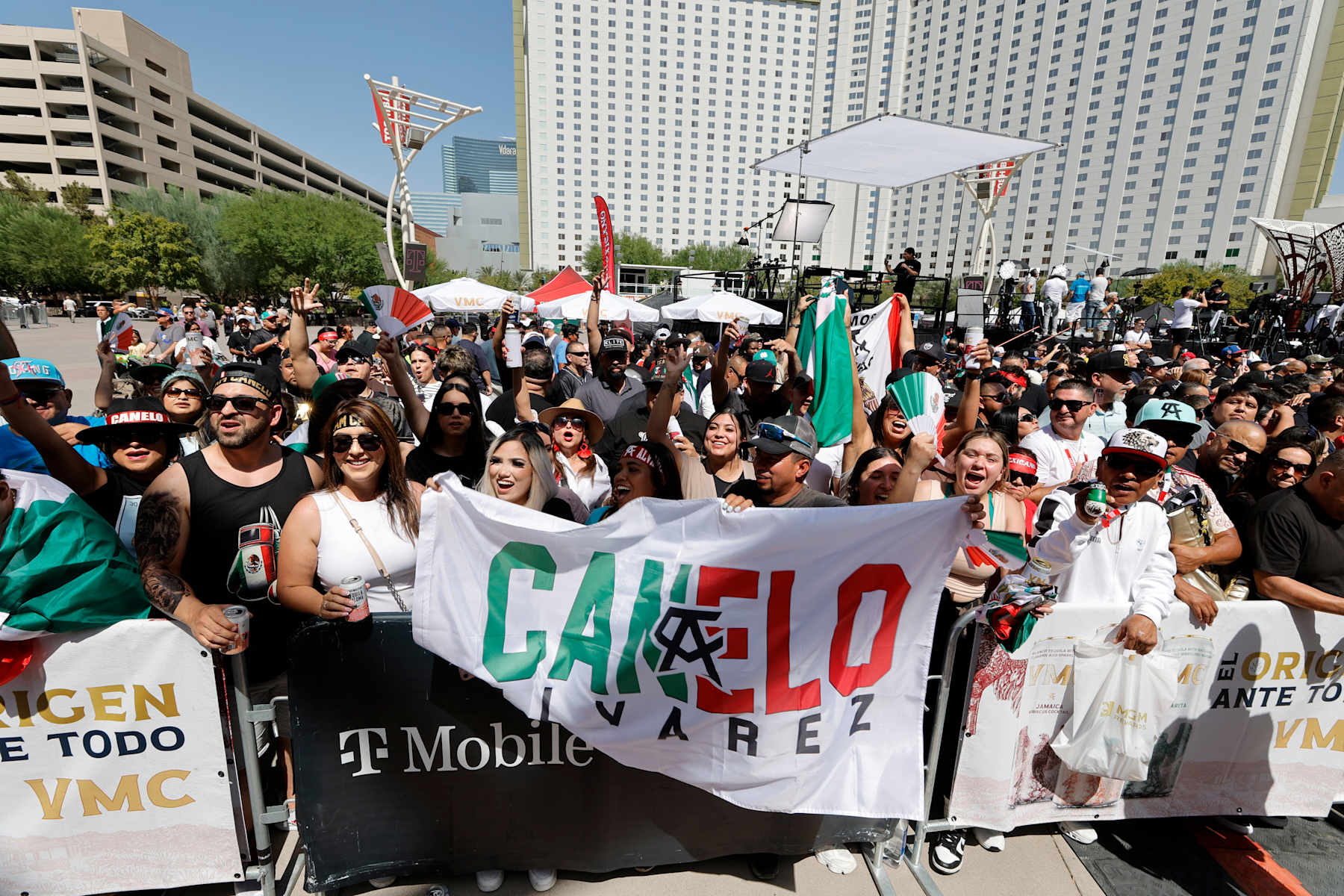 LAS VEGAS, NEVADA - SEPTEMBER 13: Boxing fans wait for the start of a ceremonial weigh-in with WBC/WBA/WBO super middleweight champion Canelo Alvarez and Edgar Berlanga in Toshiba Plaza at T-Mobile Arena on September 13, 2024 in Las Vegas, Nevada. Alvarez is scheduled to defend his titles against Berlanga at the arena September 14. (Photo by Steve Marcus/Getty Images)