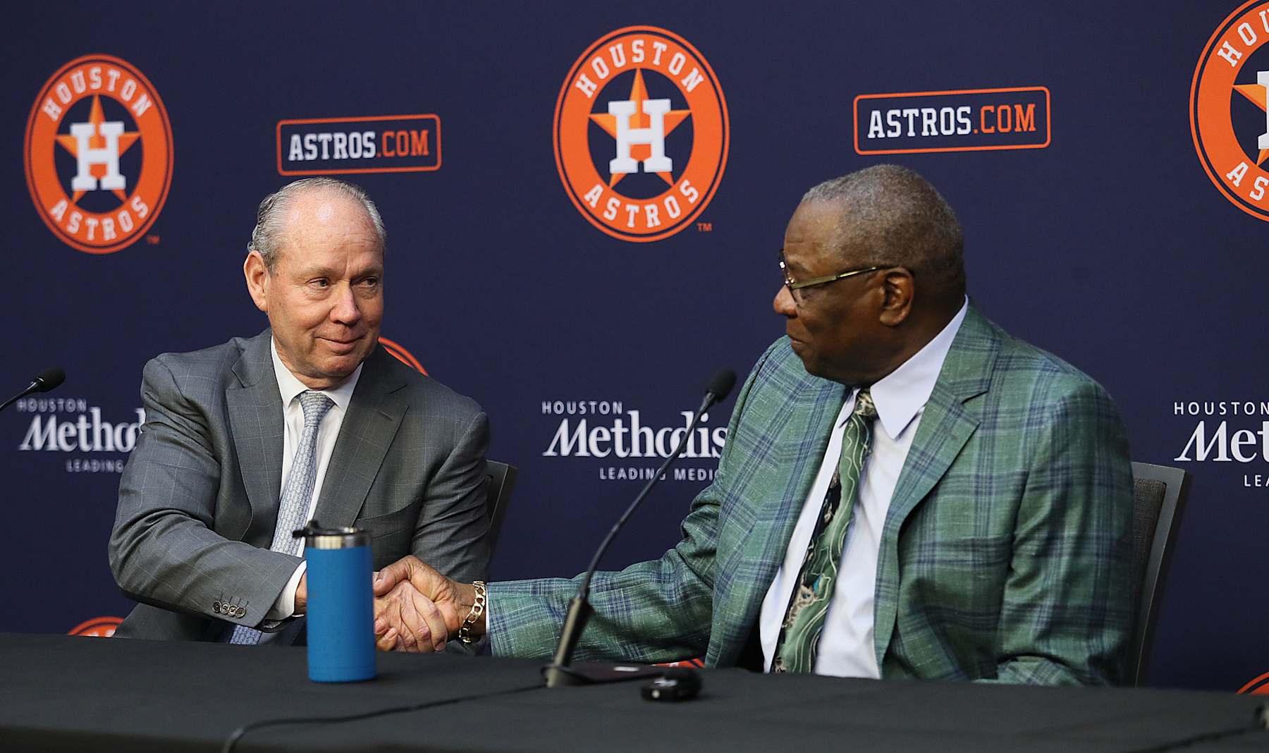 Jim Crane (left) and Dusty Baker (right) in October 2023