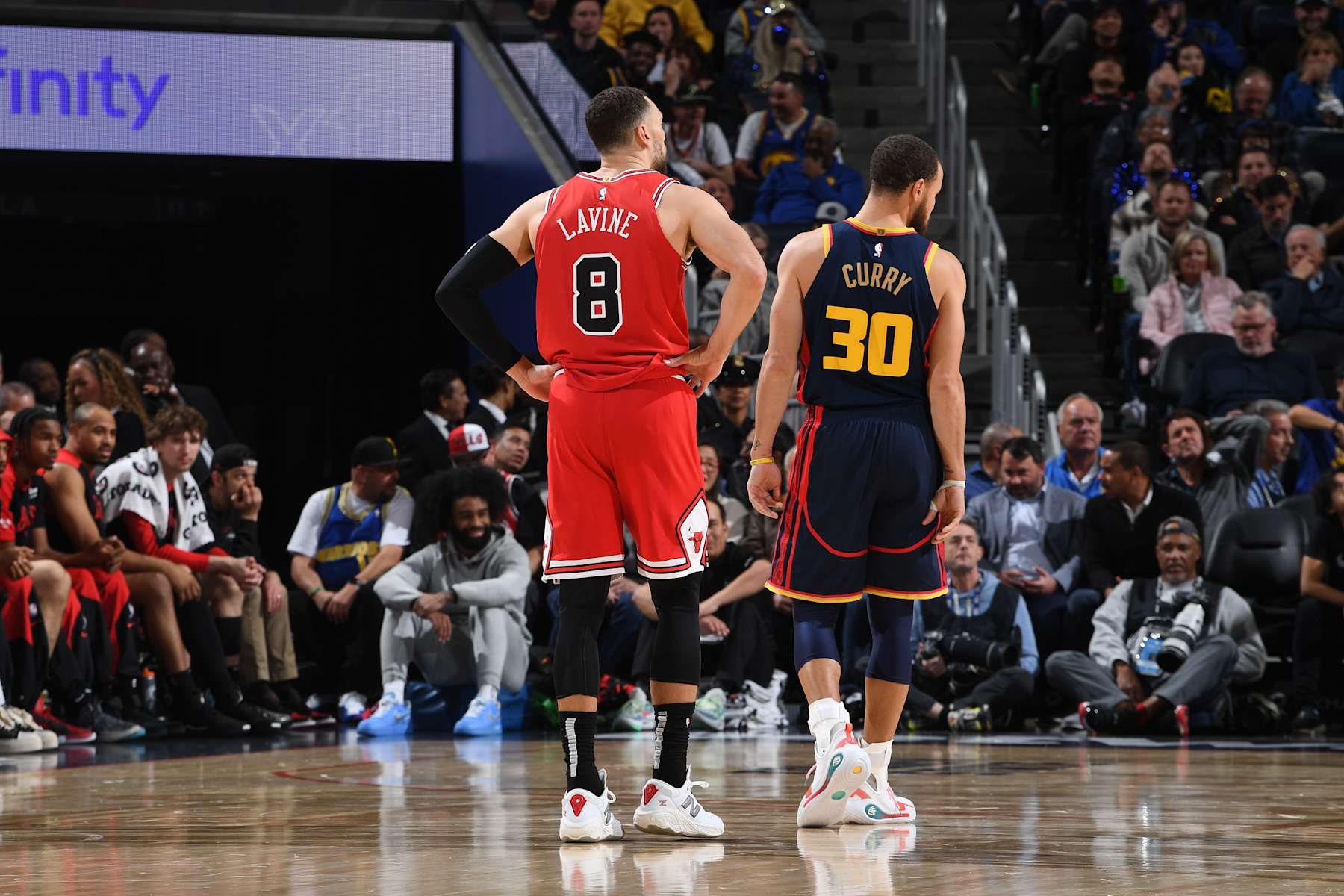 SAN FRANCISCO, CA - JANUARY 23: Stephen Curry #30 of the Golden State Warriors and Zach LaVine #8 of the Chicago Bulls look on during the game on January 23, 2025 at Chase Center in San Francisco, California. NOTE TO USER: User expressly acknowledges and agrees that, by downloading and or using this photograph, user is consenting to the terms and conditions of Getty Images License Agreement. Mandatory Copyright Notice: Copyright 2025 NBAE (Photo by Noah Graham/NBAE via Getty Images)