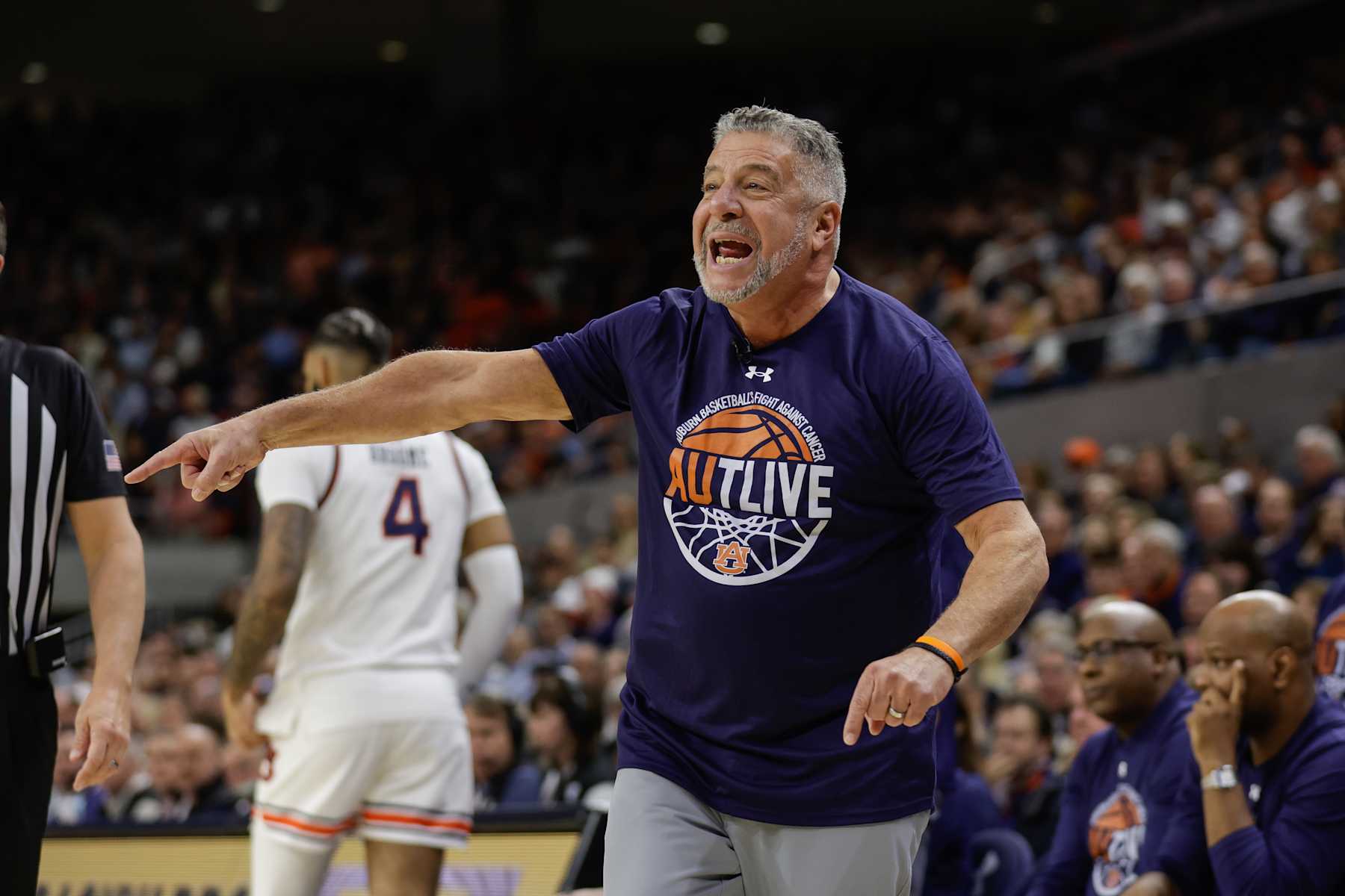 AUBURN, ALABAMA - JANUARY 25: Head coach Bruce Pearl of the Auburn Tigers argues a call during the first half against the Tennessee Volunteers at Neville Arena on January 25, 2025 in Auburn, Alabama. (Photo by Stew Milne/Getty Images)