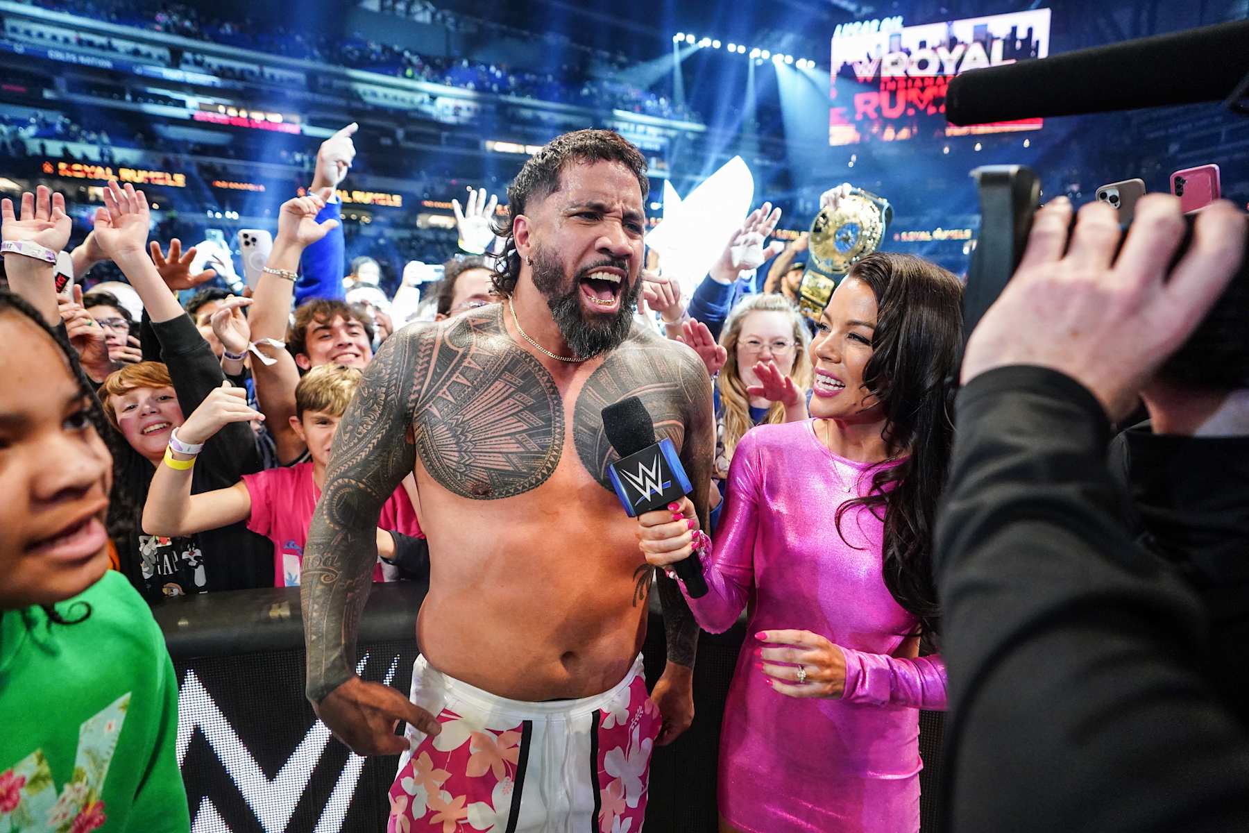 INDIANAPOLIS, INDIANA - FEBRUARY 1: Jey Uso celebrates his win during Royal Rumble at Lucas Oil Stadium on February 1, 2025 in Indianapolis, Indiana. (Photo by Rich Freeda/WWE via Getty Images)