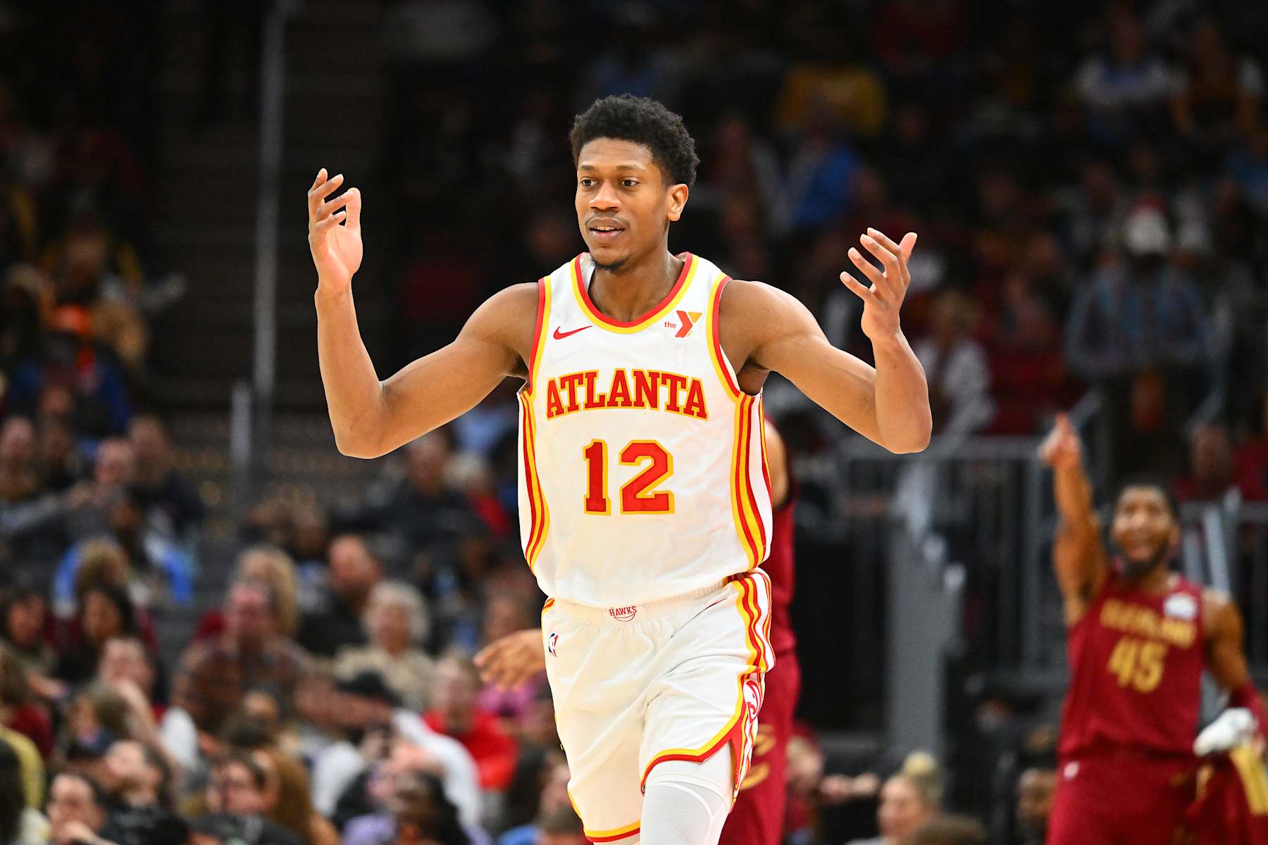 CLEVELAND, OHIO - JANUARY 30: De'Andre Hunter #12 of the Atlanta Hawks reacts during the third quarter against the Cleveland Cavaliers at Rocket Mortgage Fieldhouse on January 30, 2025 in Cleveland, Ohio. The Cavaliers defeated the Hawks 137-115. NOTE TO USER: User expressly acknowledges and agrees that, by downloading and or using this photograph, User is consenting to the terms and conditions of the Getty Images License Agreement. (Photo by Jason Miller/Getty Images)