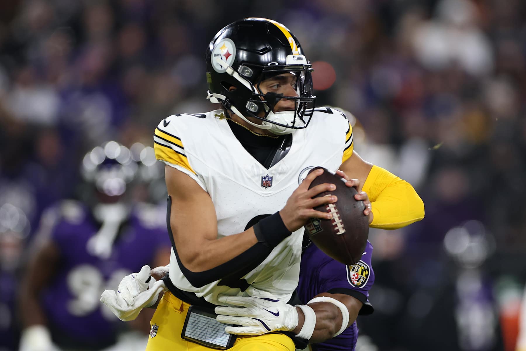 BALTIMORE, MARYLAND - JANUARY 11: Justin Fields #2 of the Pittsburgh Steelers scrambles during the second quarter against the Baltimore Ravens during the AFC Wild Card Playoff at M&T Bank Stadium on January 11, 2025 in Baltimore, Maryland. (Photo by Scott Taetsch/Getty Images)