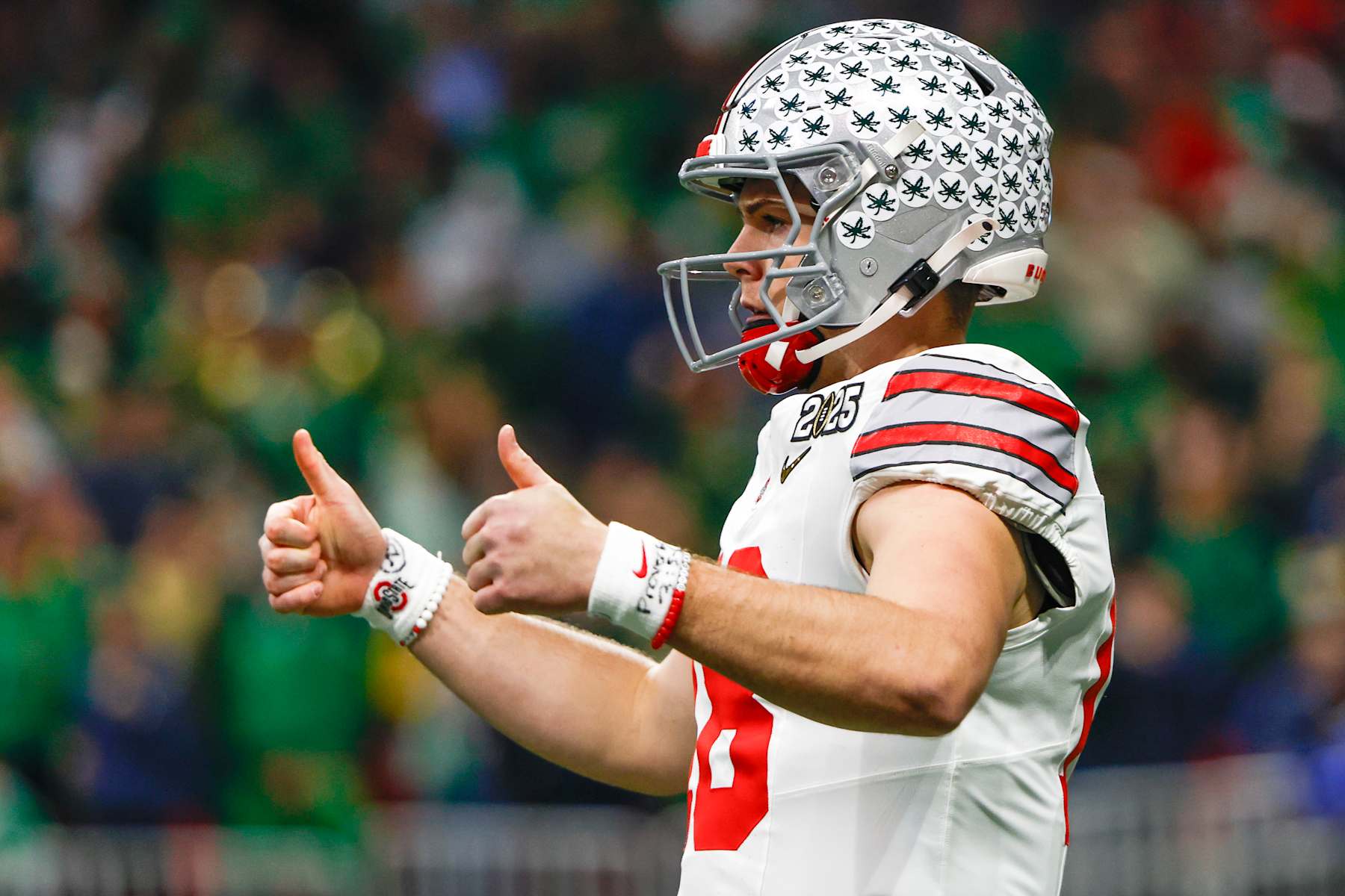 ATLANTA, GEORGIA - JANUARY 20: Will Howard #18 of Ohio State signals a teammate during the National Championship game between Ohio State and Notre Dame at Mercedes-Benz Stadium on January 20, 2025 in Atlanta, GA. (Photo by Michael Miller/ISI Photos/Getty Images)