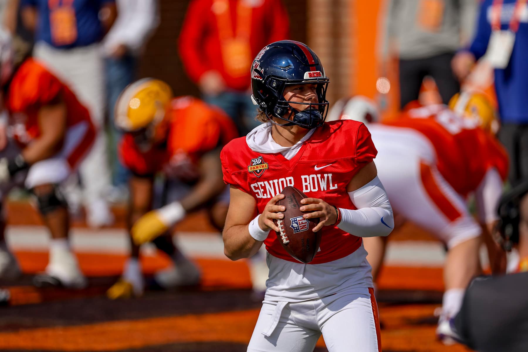 MOBILE, ALABAMA - JANUARY 29: Jaxson Dart #2 of Ole Miss during Senior Bowl practice at Hancock Whitney Stadium on January 29, 2025 in Mobile, Alabama. (Photo by Derick E. Hingle/Getty Images)