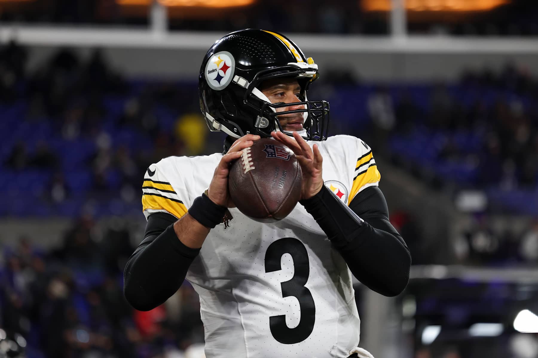 BALTIMORE, MARYLAND - JANUARY 11: Russell Wilson #3 of the Pittsburgh Steelers warms up prior to a Wild Card Playoff Game against the Baltimore Ravens at M&T Bank Stadium on January 11, 2025, in Baltimore, Maryland. The Ravens defeated the Steelers 28-14. (Kara Durrette/Getty Images)
