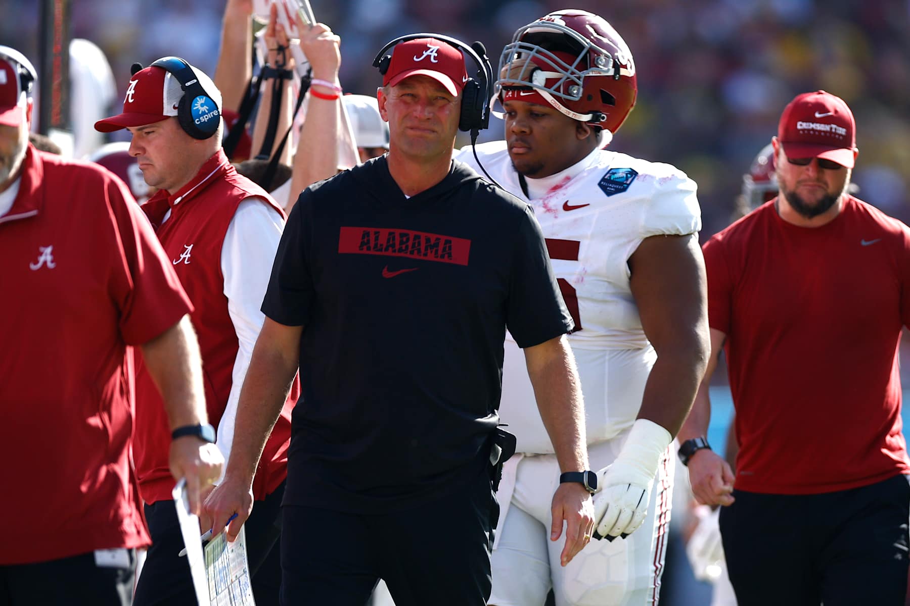 TAMPA, FLORIDA - DECEMBER 31: Head coach Kalen DeBoer of the Alabama Crimson Tide looks on during the third quarter against the Michigan Wolverines in the 2024 ReliaQuest Bowl at Raymond James Stadium on December 31, 2024 in Tampa, Florida. (Photo by Douglas P. DeFelice/Getty Images)