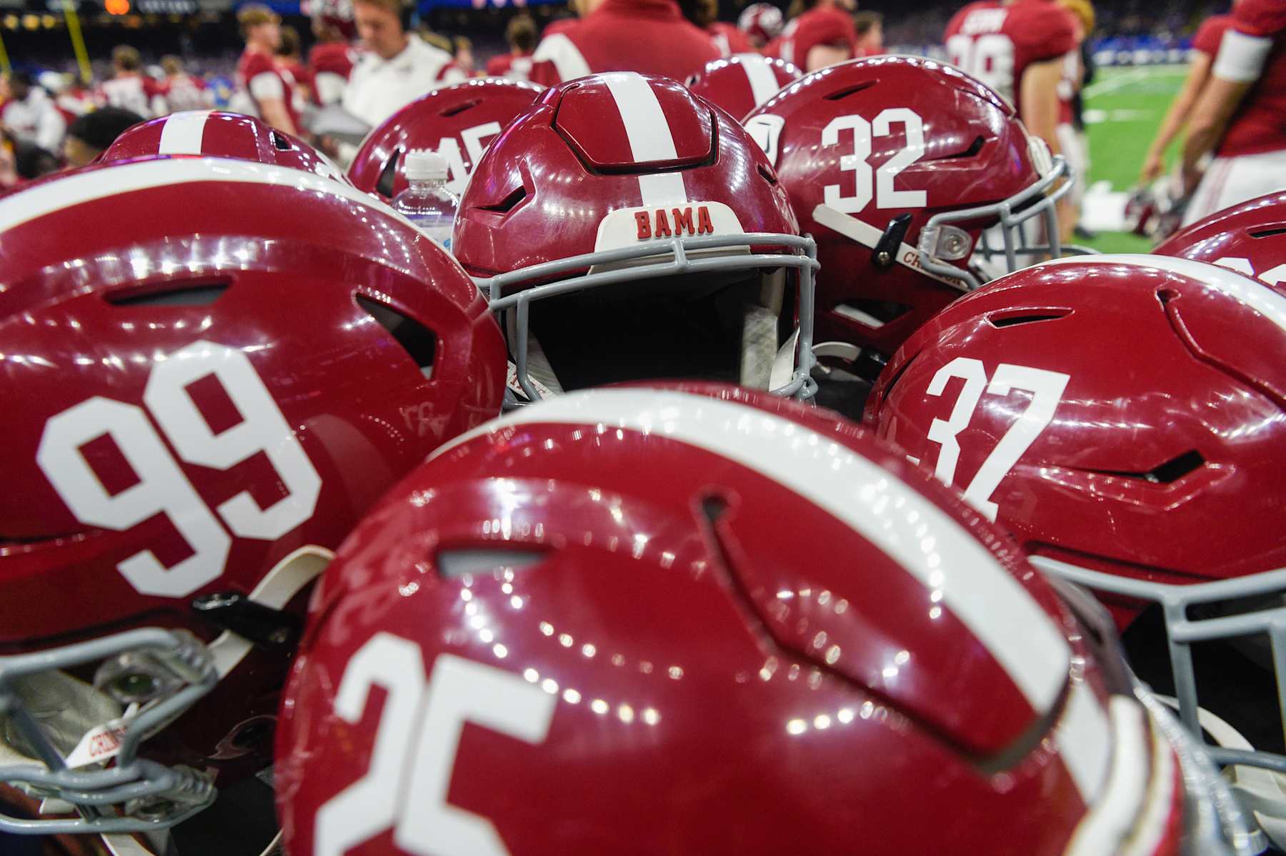 NEW ORLEANS, LA - DECEMBER 31: Alabama helmets await the next series during the Sugar Bowl between the Alabama Crimson Tide and Kansas State Wildcats at Caesars Superdome on December 31, 2022 in New Orleans, LA. (Photo by Ken Murray/Icon Sportswire via Getty Images)