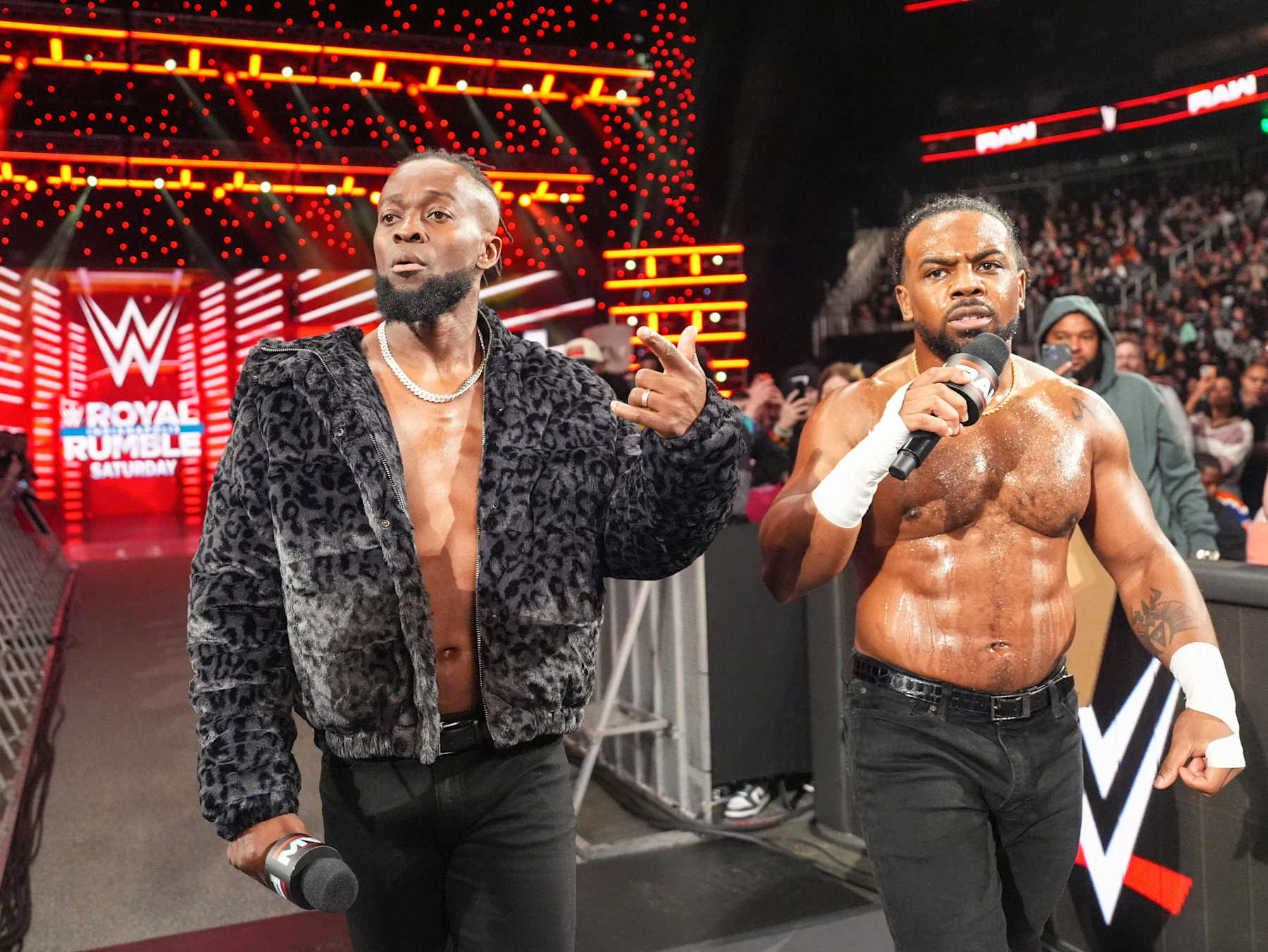 ATLANTA, GEORGIA - JANUARY 27: Kofi Kingston and Xavier Woods make their way to the ring during WWE Monday Night RAW at State Farm Arena on January 27, 2025 in Atlanta, Georgia. (Photo by WWE/Getty Images)