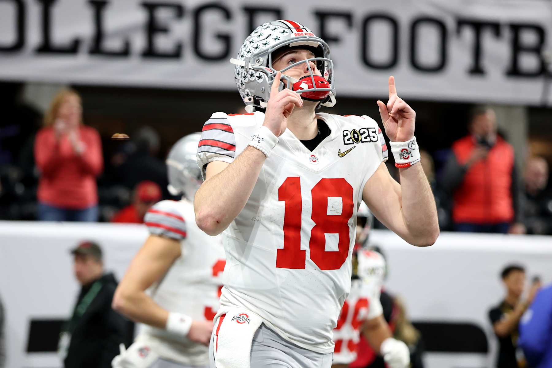 ATLANTA, GEORGIA - JANUARY 20: Will Howard #18 of the Ohio State Buckeyes takes the field against the Notre Dame Fighting Irish during the 2025 College Football Playoff National Championship held at Mercedes-Benz Stadium on January 20, 2025 in Atlanta, Georgia. (Photo by Jamie Schwaberow/Getty Images)
