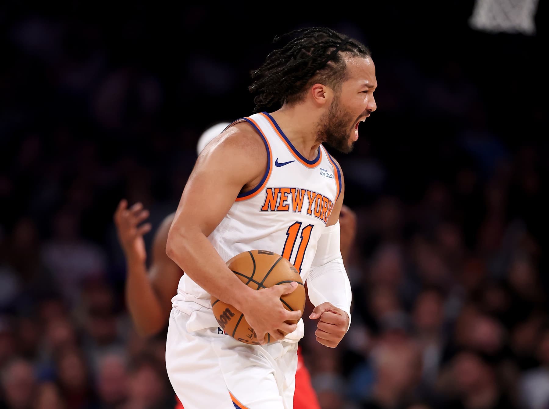 NEW YORK, NEW YORK - FEBRUARY 03: Jalen Brunson #11 of the New York Knicks celebrates a call in the first quarter against the Houston Rockets at Madison Square Garden on February 03, 2025 in New York City. NOTE TO USER: User expressly acknowledges and agrees that, by downloading and or using this photograph, User is consenting to the terms and conditions of the Getty Images License Agreement. (Photo by Elsa/Getty Images)