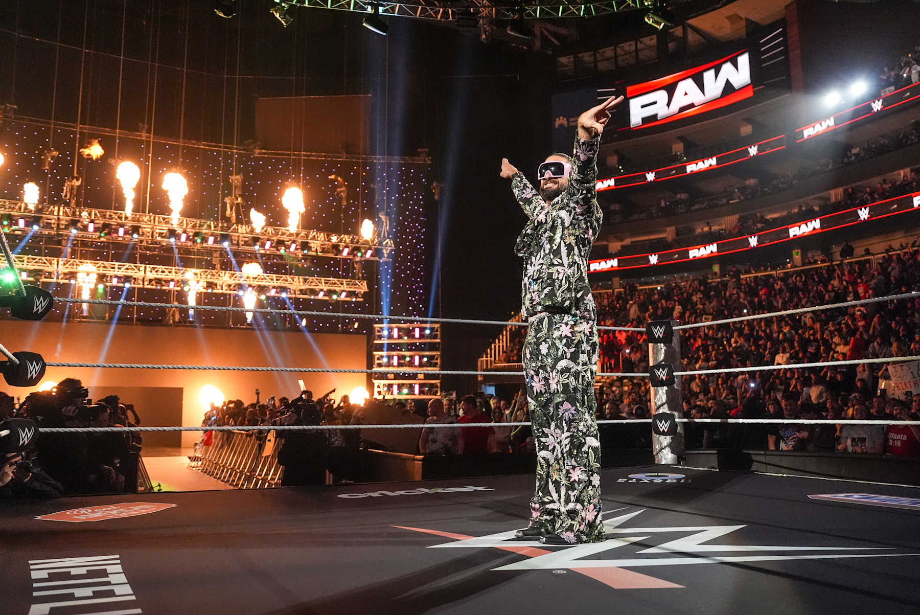 ATLANTA, GEORGIA - JANUARY 27: Seth Rollins enters the ring during WWE Monday Night RAW at State Farm Arena on January 27, 2025 in Atlanta, Georgia. (Photo by WWE/Getty Images)
