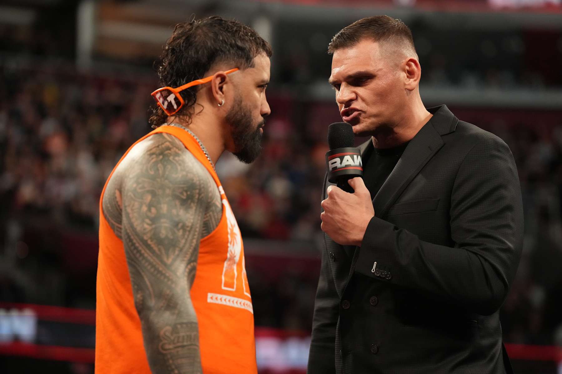 CLEVELAND, OHIO - FEBRUARY 3: Jey Uso and Gunther face off during Monday Night RAW at Rocket Mortgage Fieldhouse on February 3, 2025 in Cleveland, Ohio. (Photo by Craig Ambrosio/WWE via Getty Images)